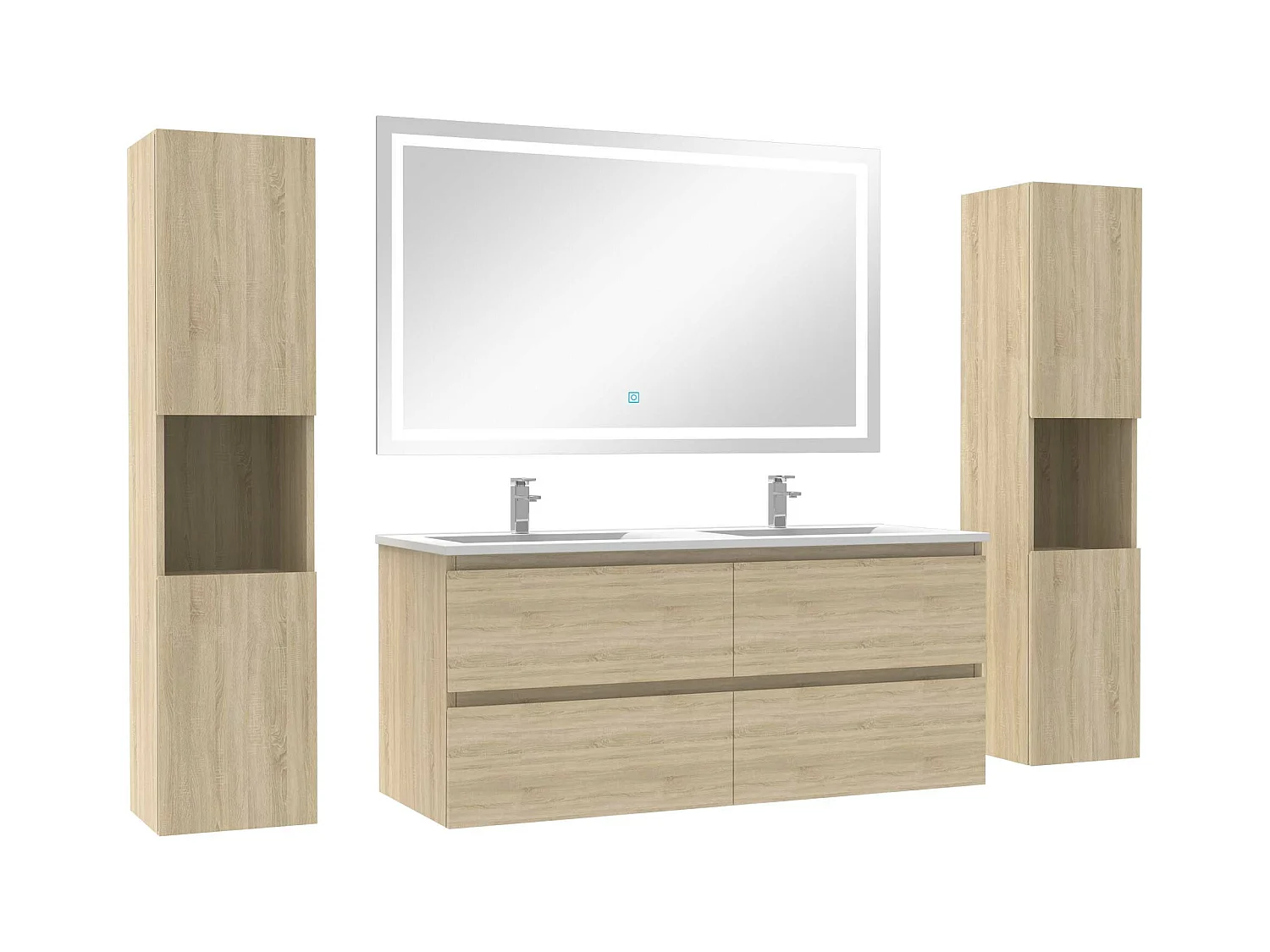 Ensemble meubles Salle de Bain 120cm vasque + colonne + miroir lumineux Chêne Wotan