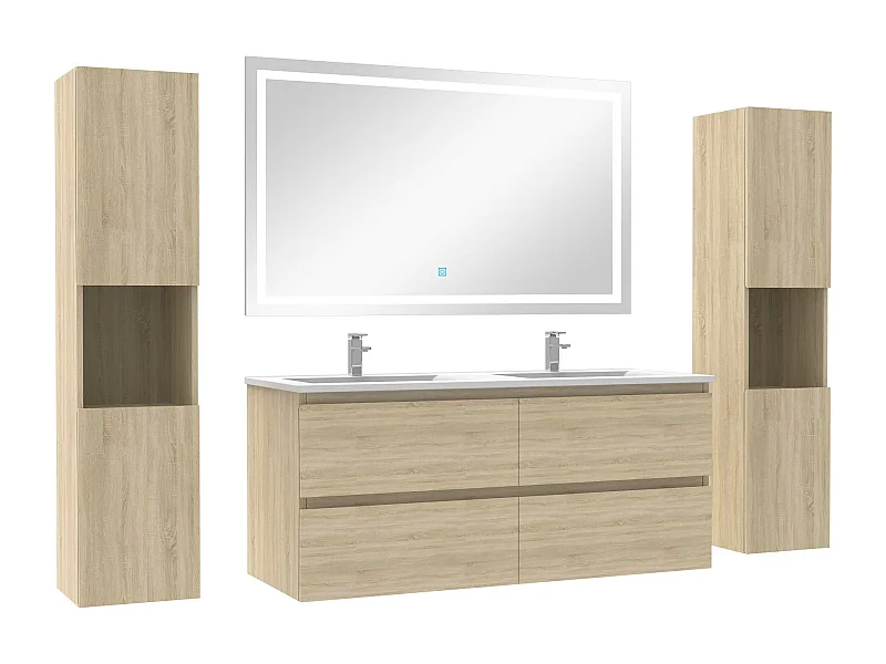 Ensemble meubles Salle de Bain 120cm vasque + colonne + miroir lumineux Chêne Wotan