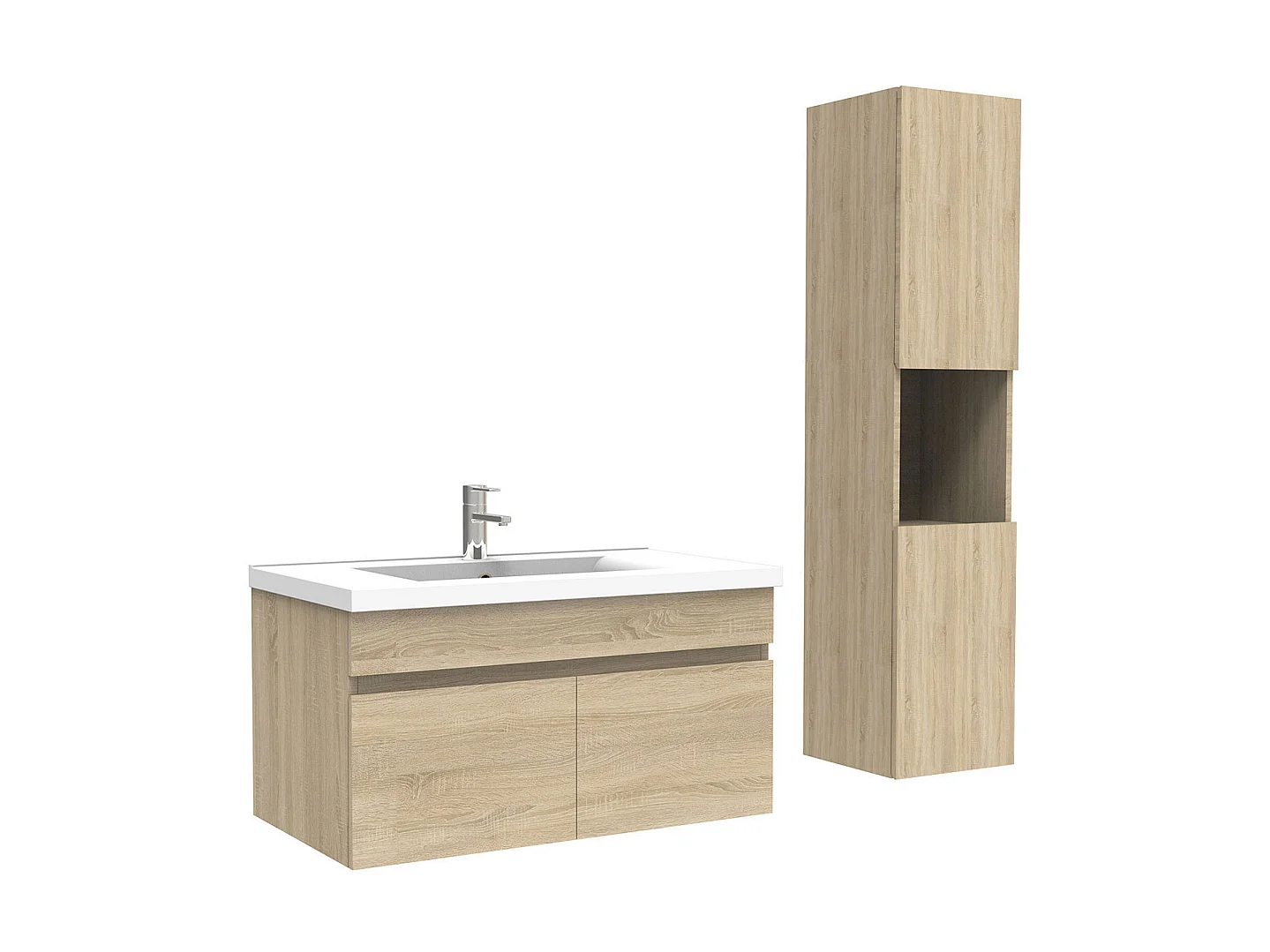 Meuble Salle de Bain avec colonne et vasque ceramique 80cm Chêne Wotan, Aica