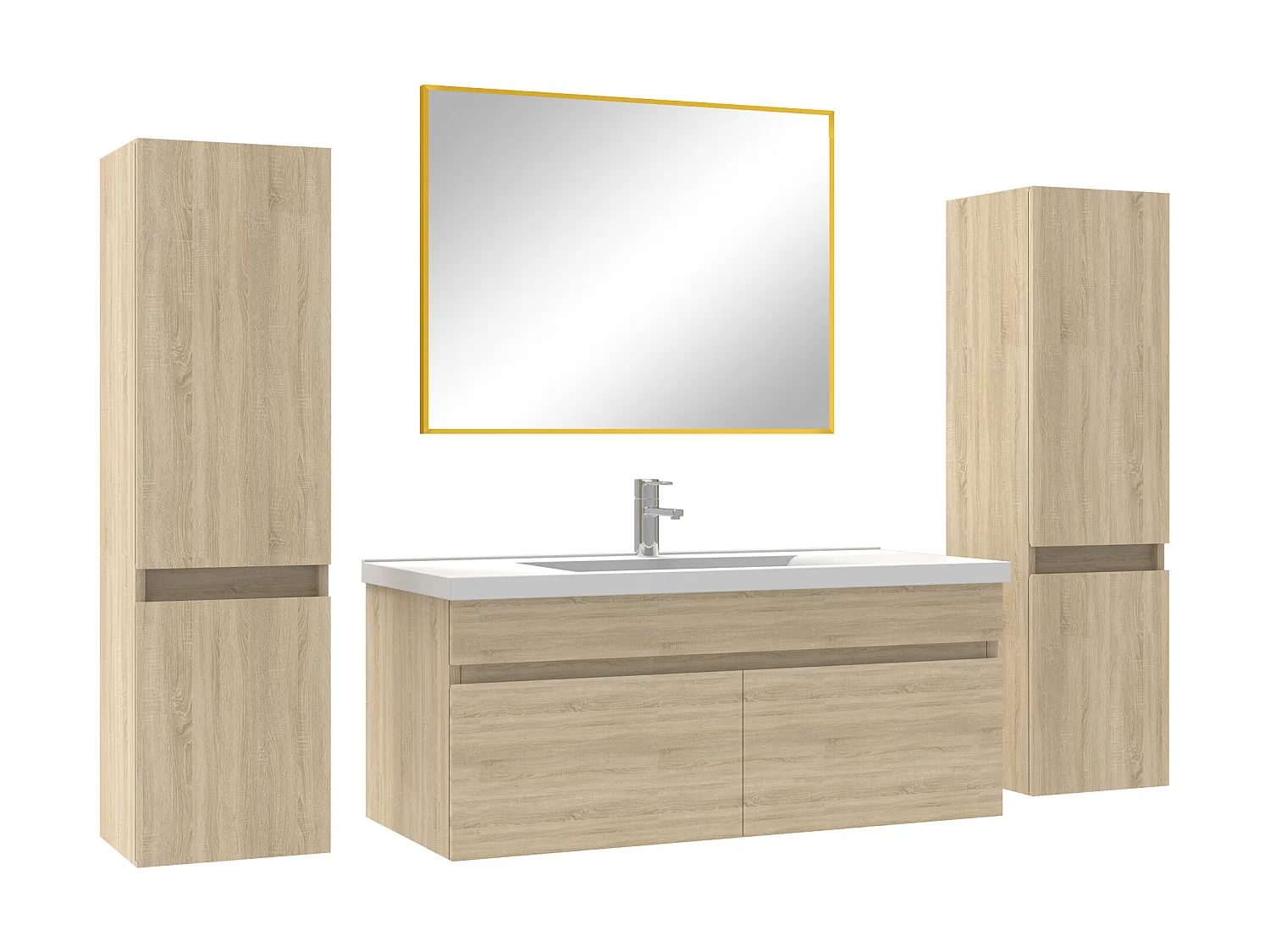 Ensemble meubles Salle de Bain 100cm simple vasque avec colonne + miroir Chêne Wotan