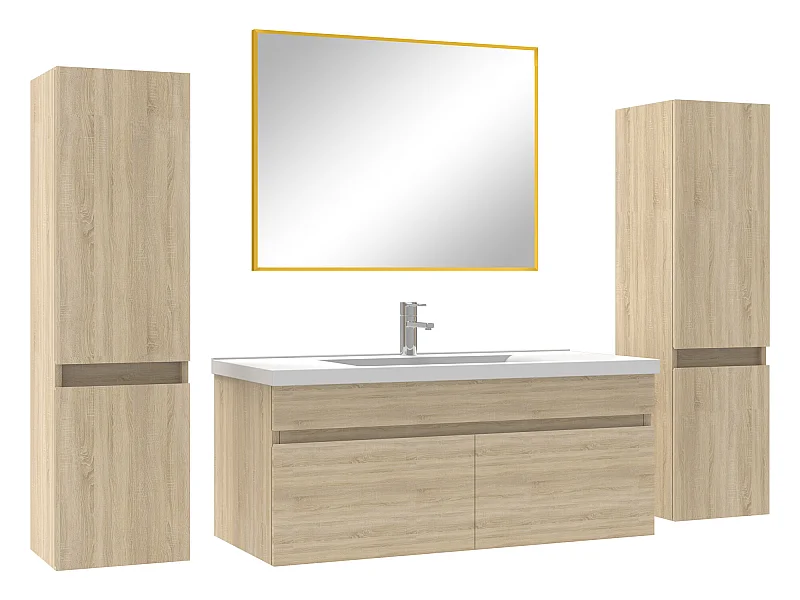 Ensemble meubles Salle de Bain 100cm simple vasque avec colonne + miroir Chêne Wotan