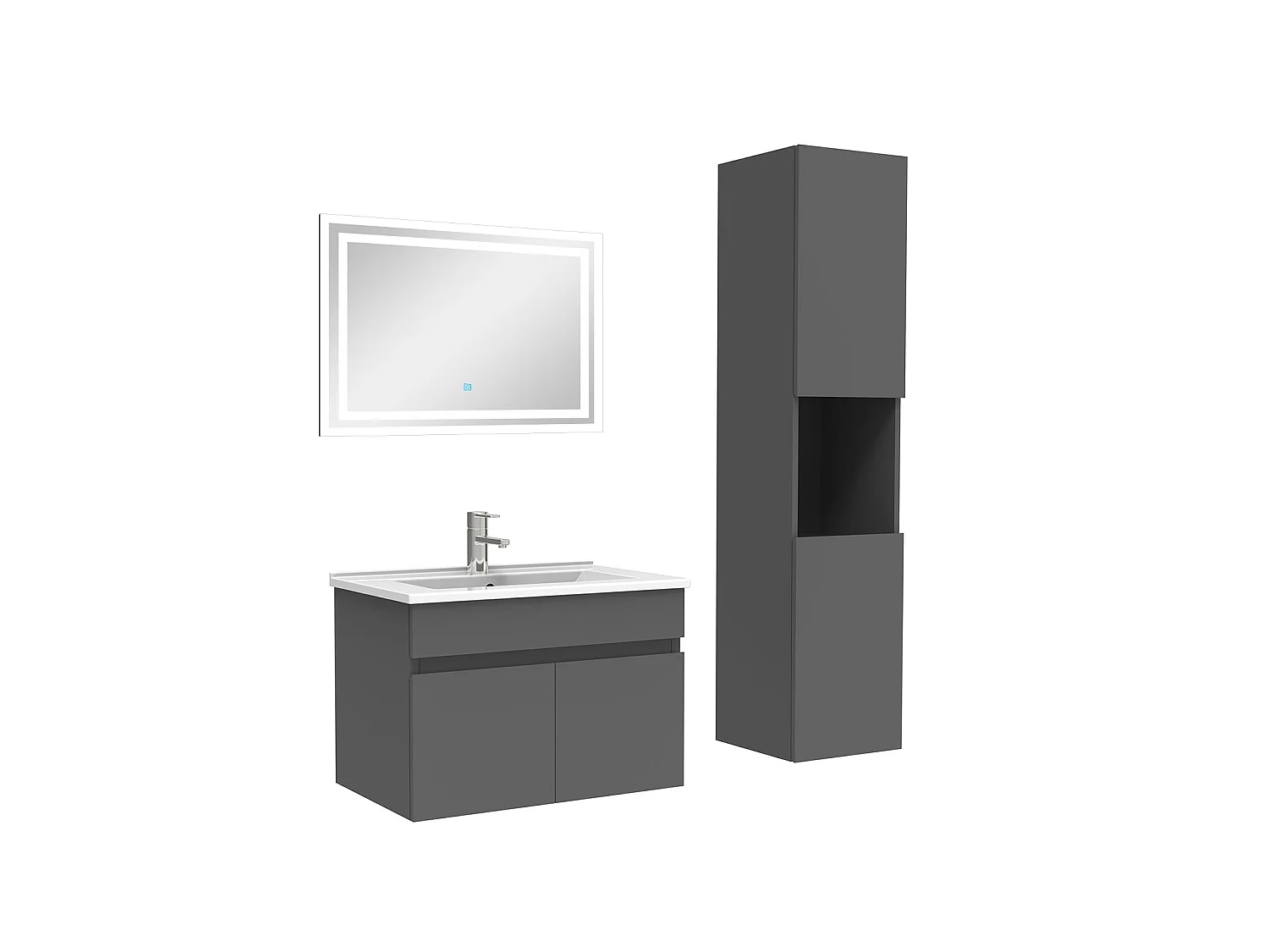 Meuble Salle de Bain 60cm Anthracite avec colonne + miroir lumineux, Aica