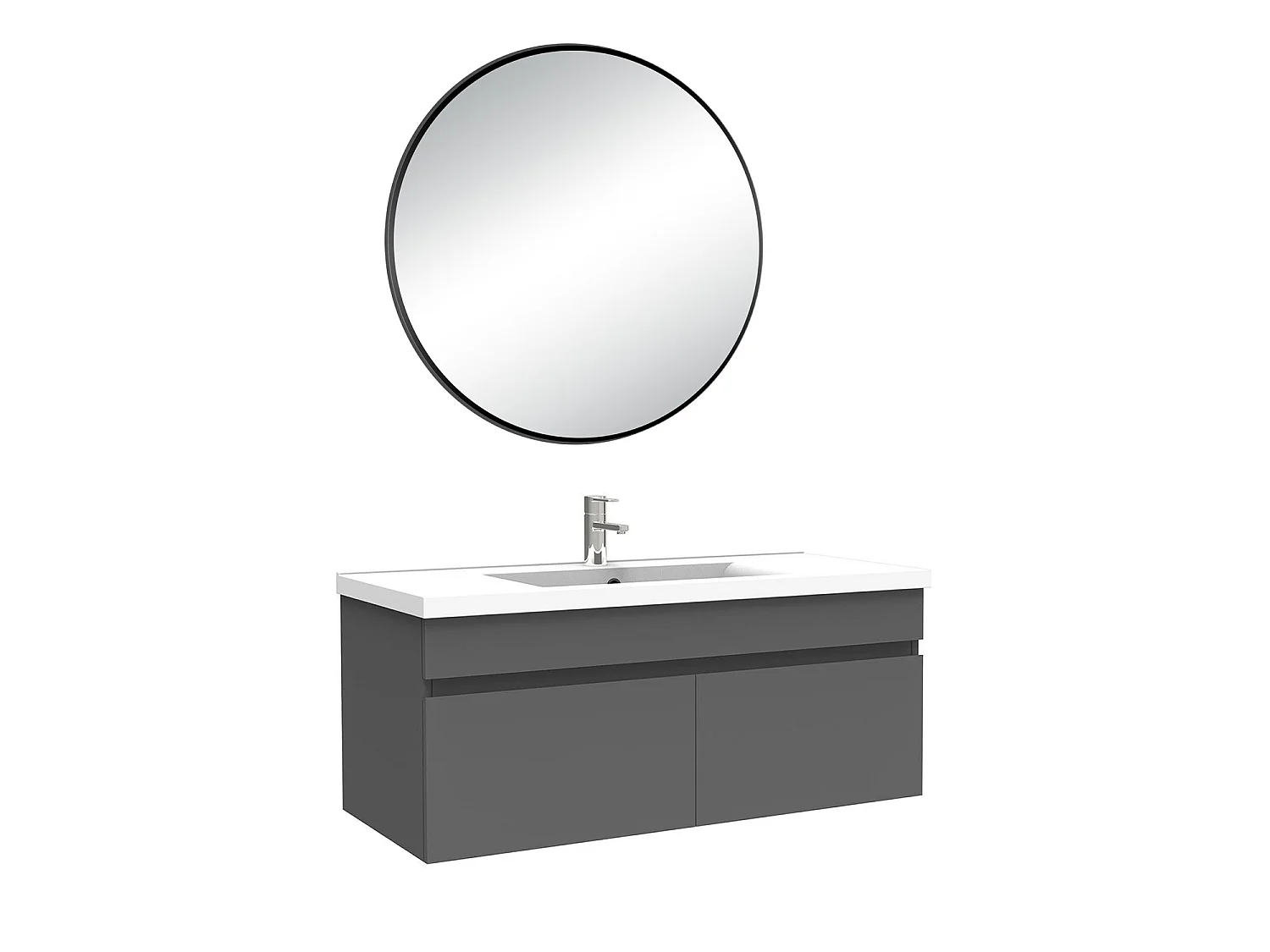 Meuble salle de bain simple vasque 100cm meuble + rond miroir Anthracite, Aica