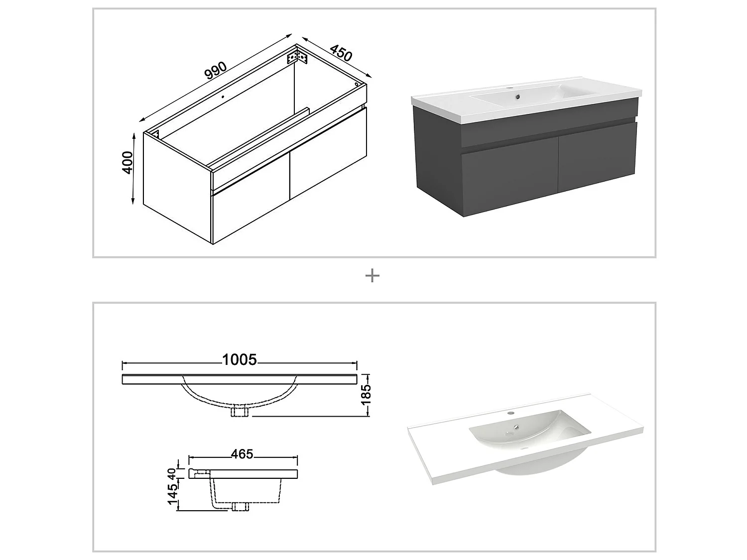 Meuble salle de bain simple vasque 100cm meuble + rond miroir Anthracite, Aica