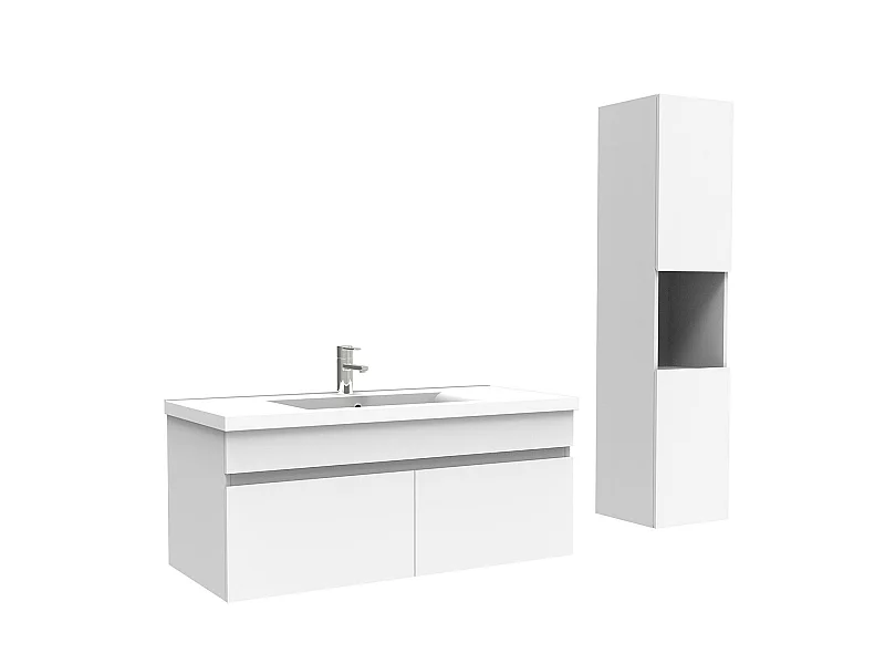 Meuble Salle de Bain avec colonne et vasque ceramique 100cm Blanc, Aica