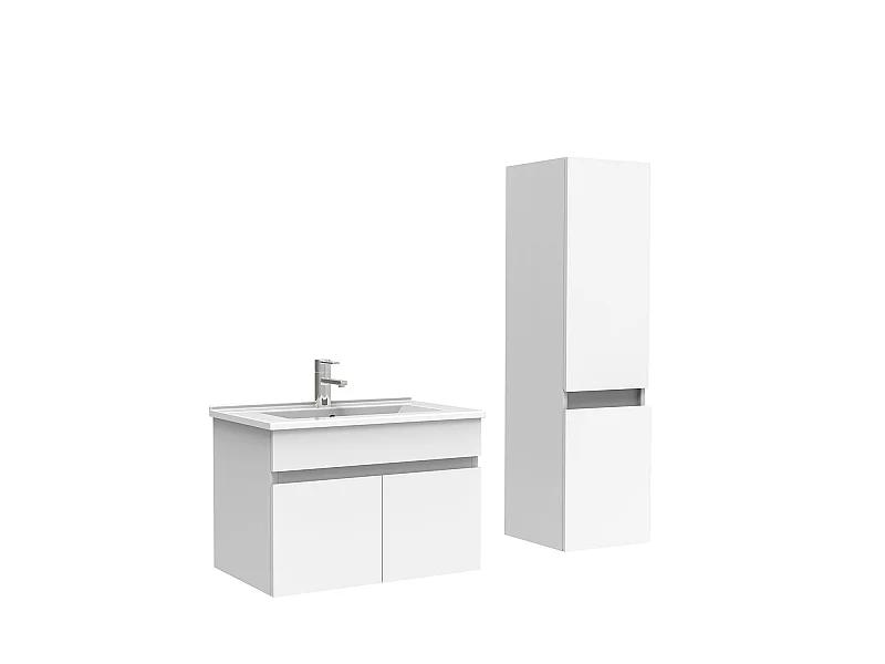 Meuble Salle de Bain avec colonne 60cm Blanc avec vasque ceramique, Aica