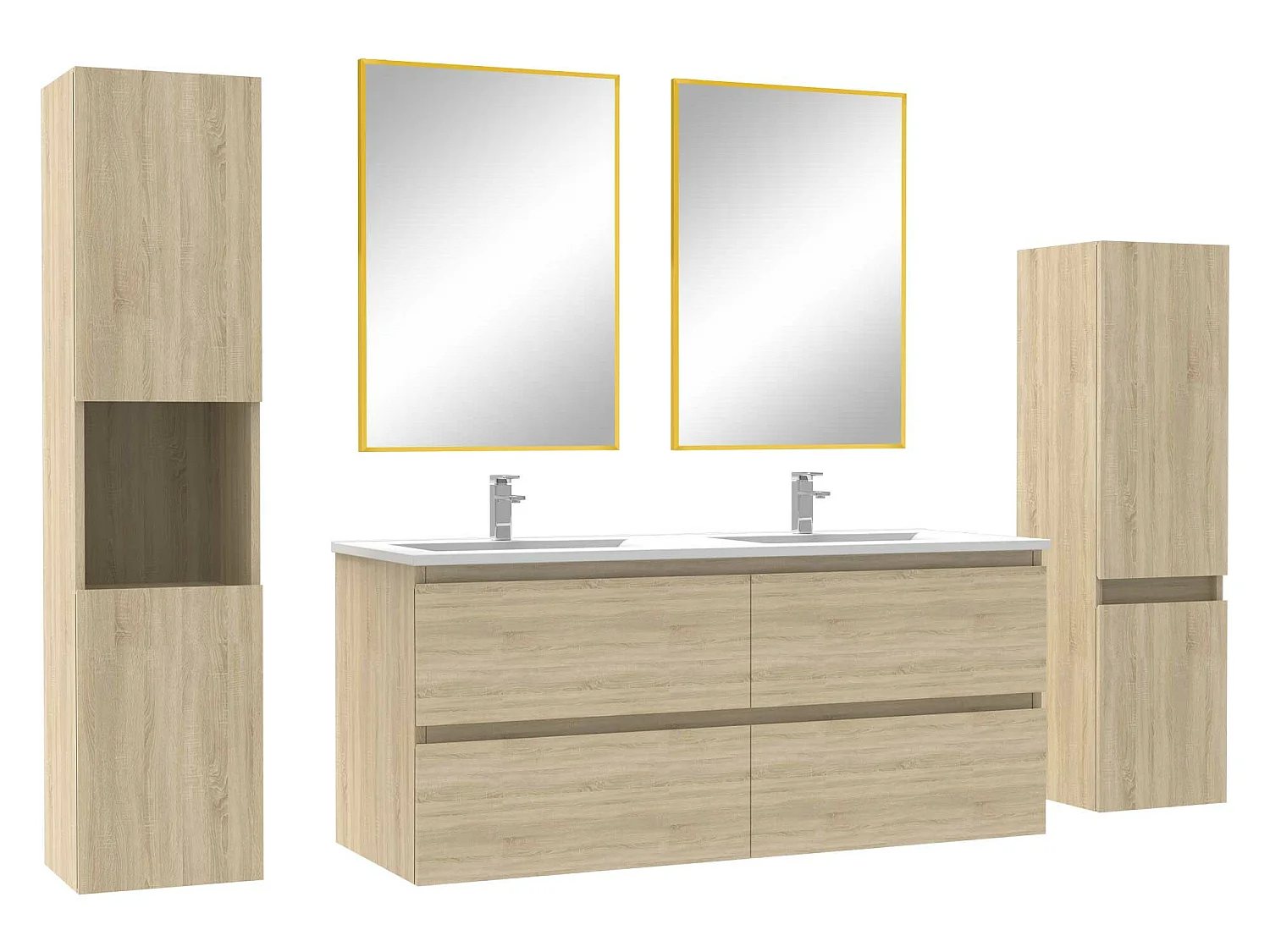 Ensemble meubles Salle de Bain 120cm vasque + colonne + miroir mural Chêne Wotan