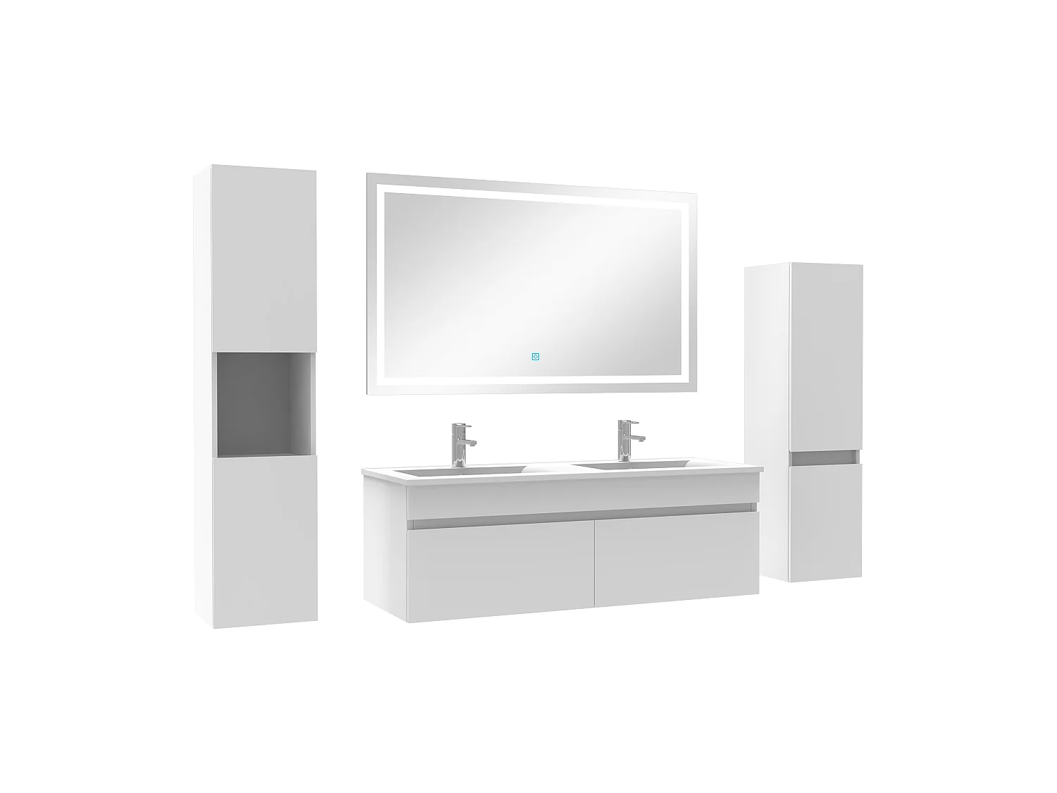 Meuble Salle de Bain 120cm double vasque + colonne + miroir lumineux Blanc