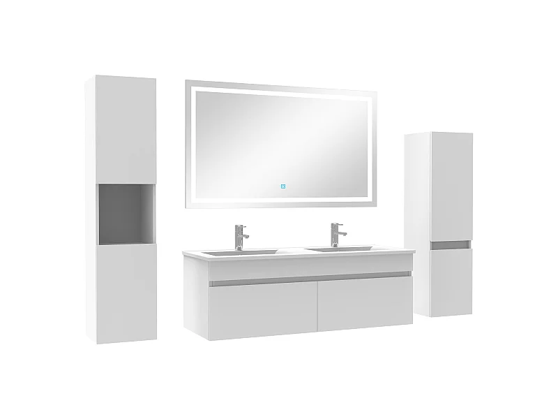 Meuble Salle de Bain 120cm double vasque + colonne + miroir lumineux Blanc