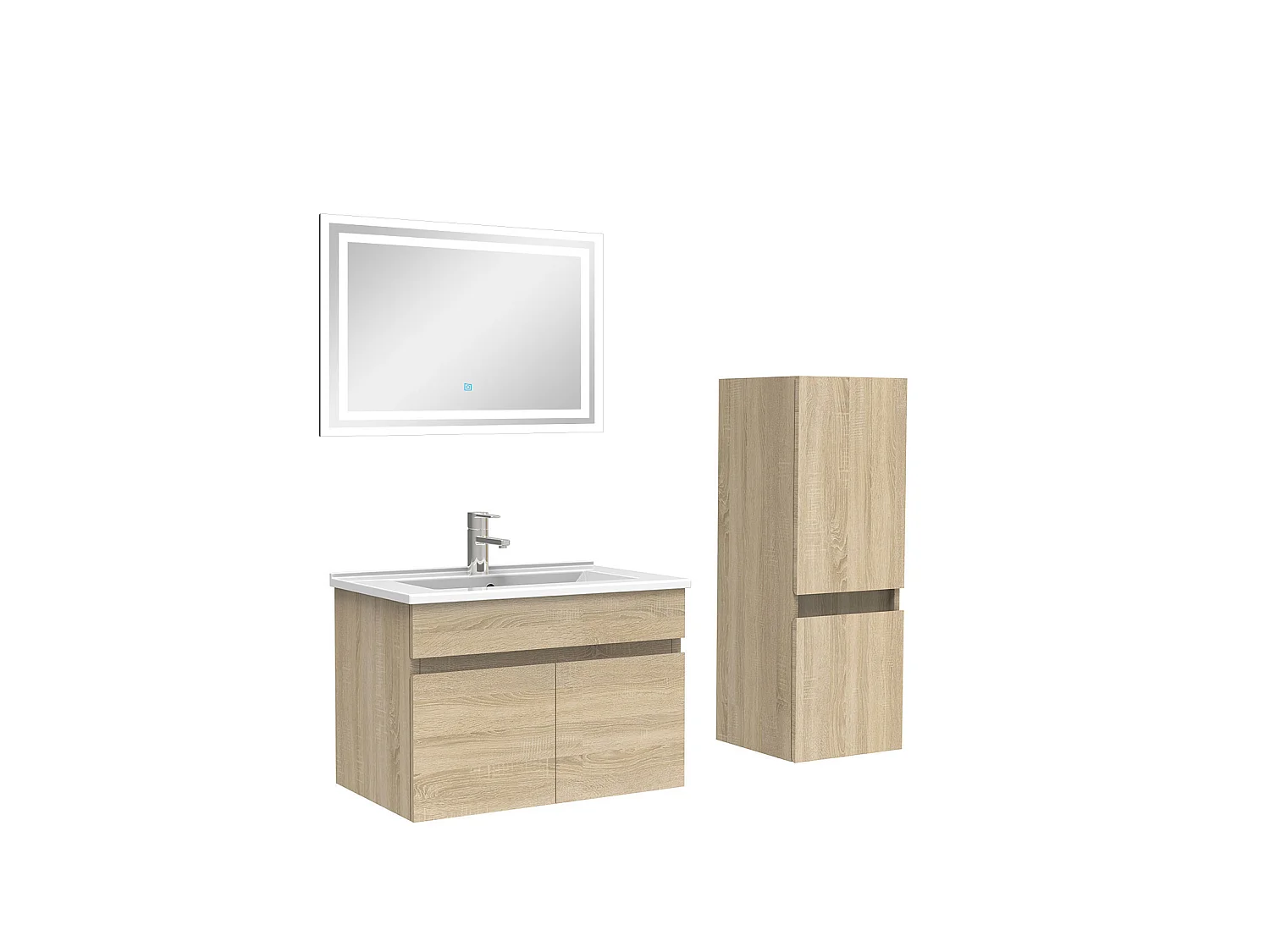 Ensemble Salle De Bain 60cm meuble Chêne Wotan avec colonne et miroir lumineux, Aica