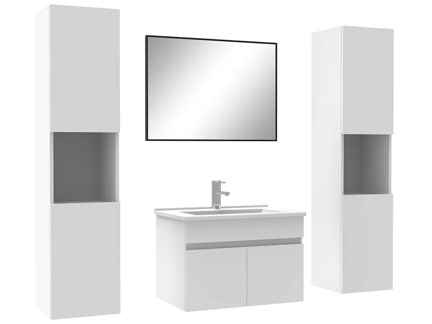 Ensemble meubles Salle de Bain 60cm simple vasque avec colonne + miroir mural Blanc