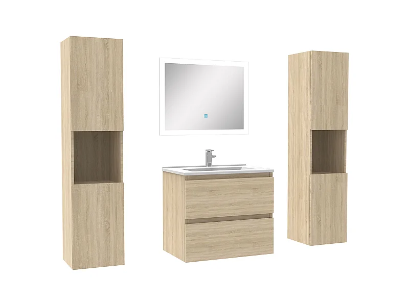 Ensemble meubles Salle de Bain 60cm vasque et colonnex2 et LED miroir Chêne Wotan