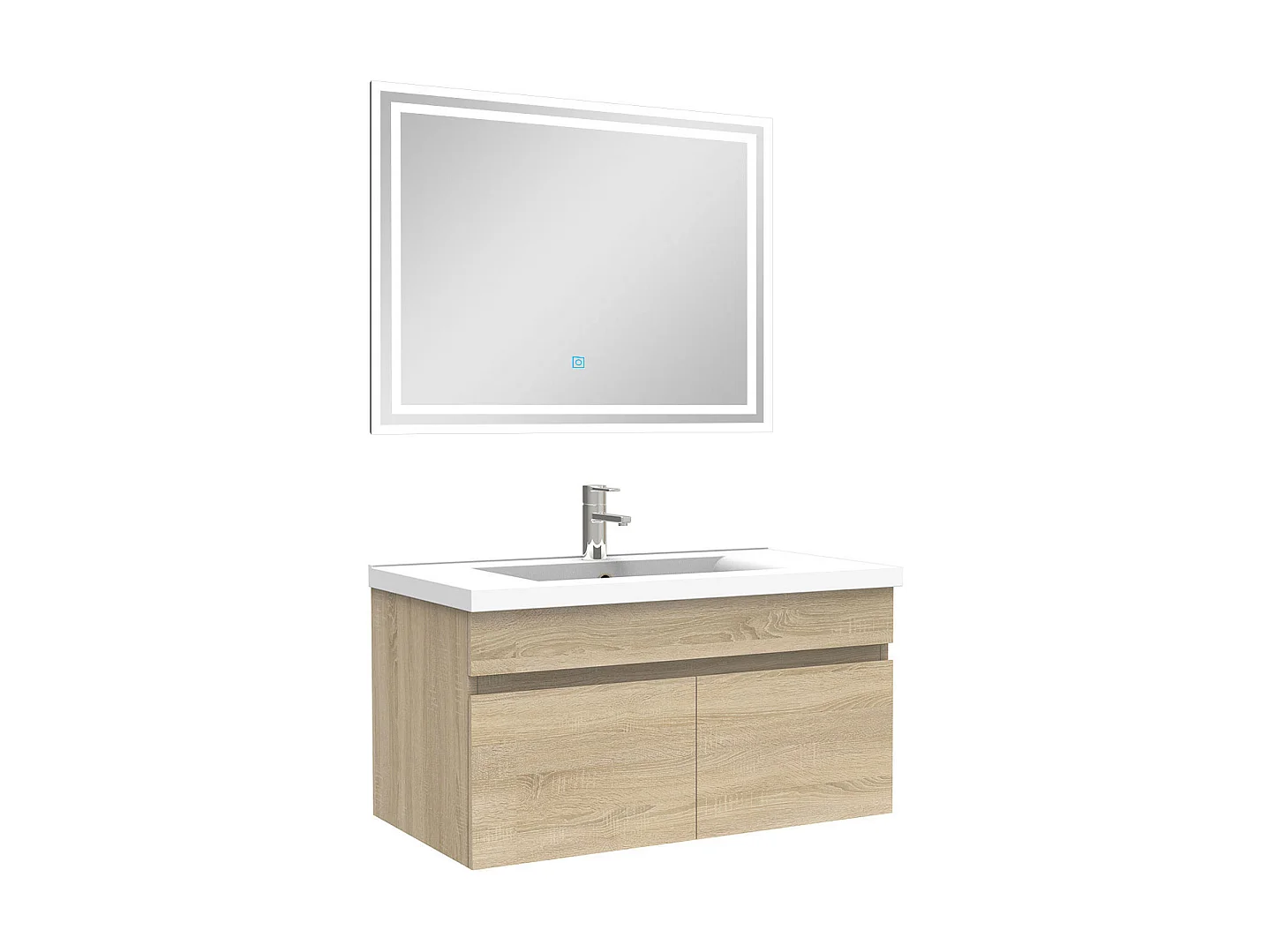 Ensemble Salle De Bain 80cm meuble Chêne Wotan avec miroir lumineux, Aica