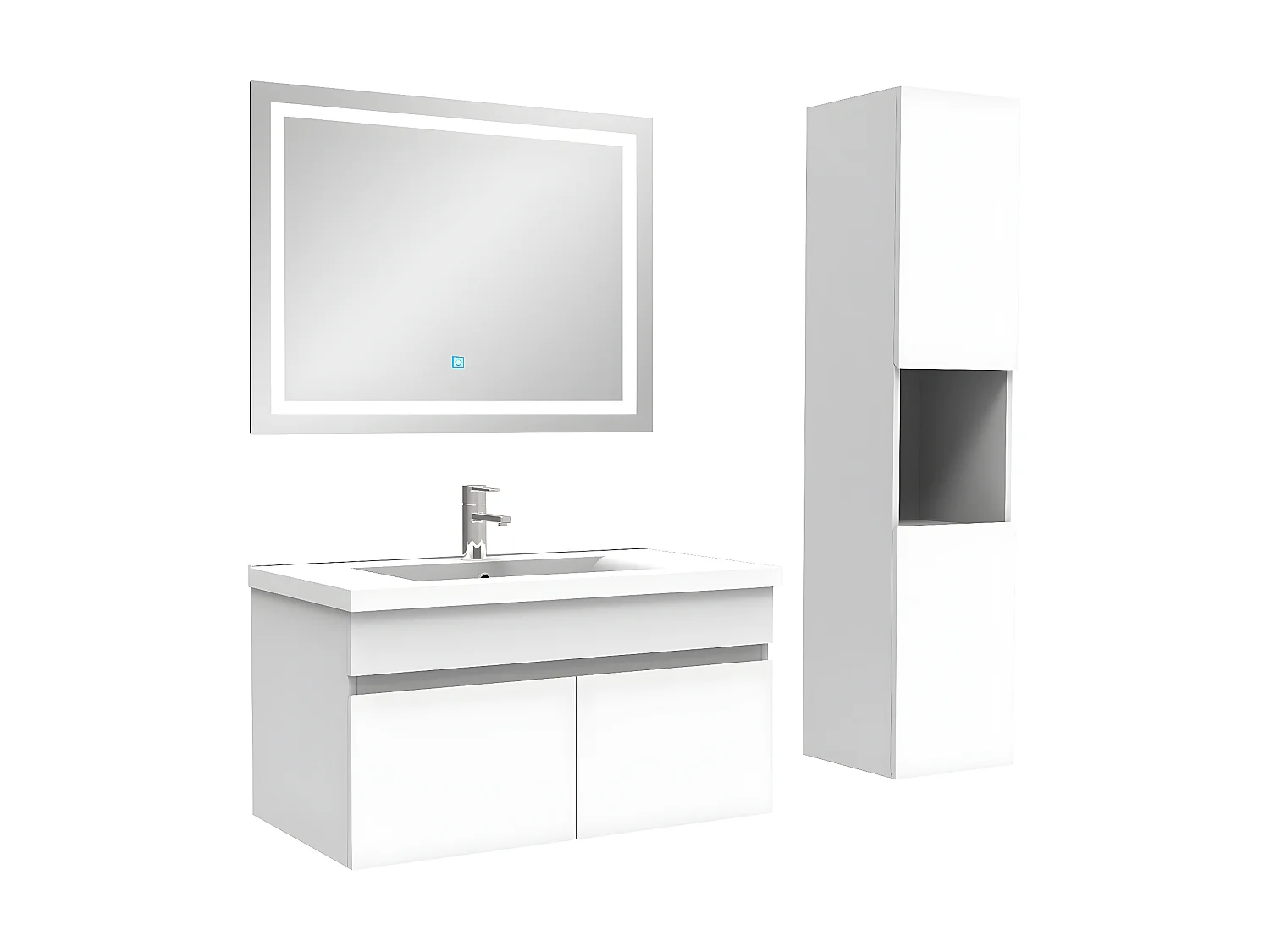 Ensemble meuble salle de bain + vasque + miroir lumineux + colonne 80cm Blanc,Aica