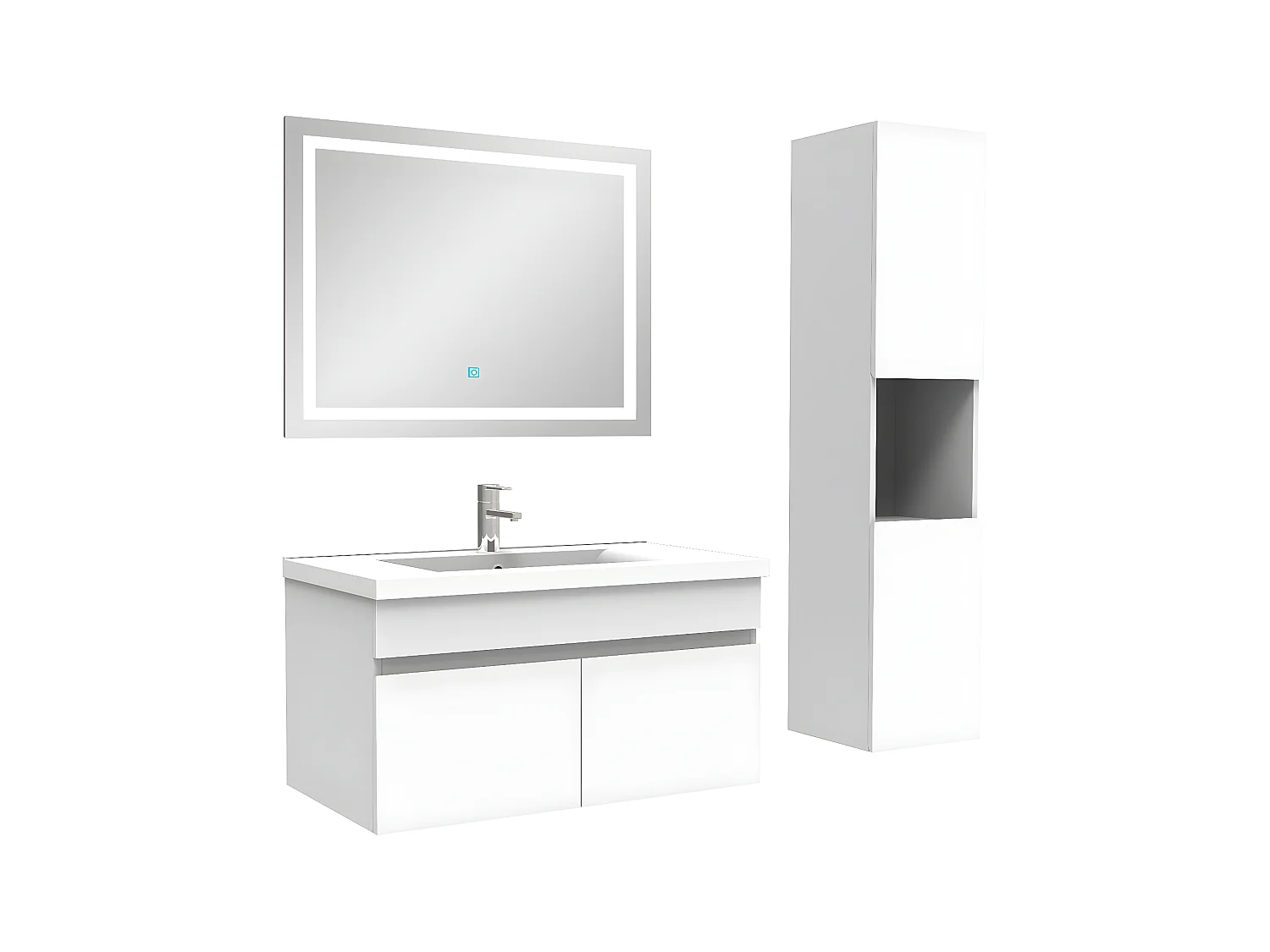 Ensemble meuble salle de bain + vasque + miroir lumineux + colonne 80cm Blanc,Aica