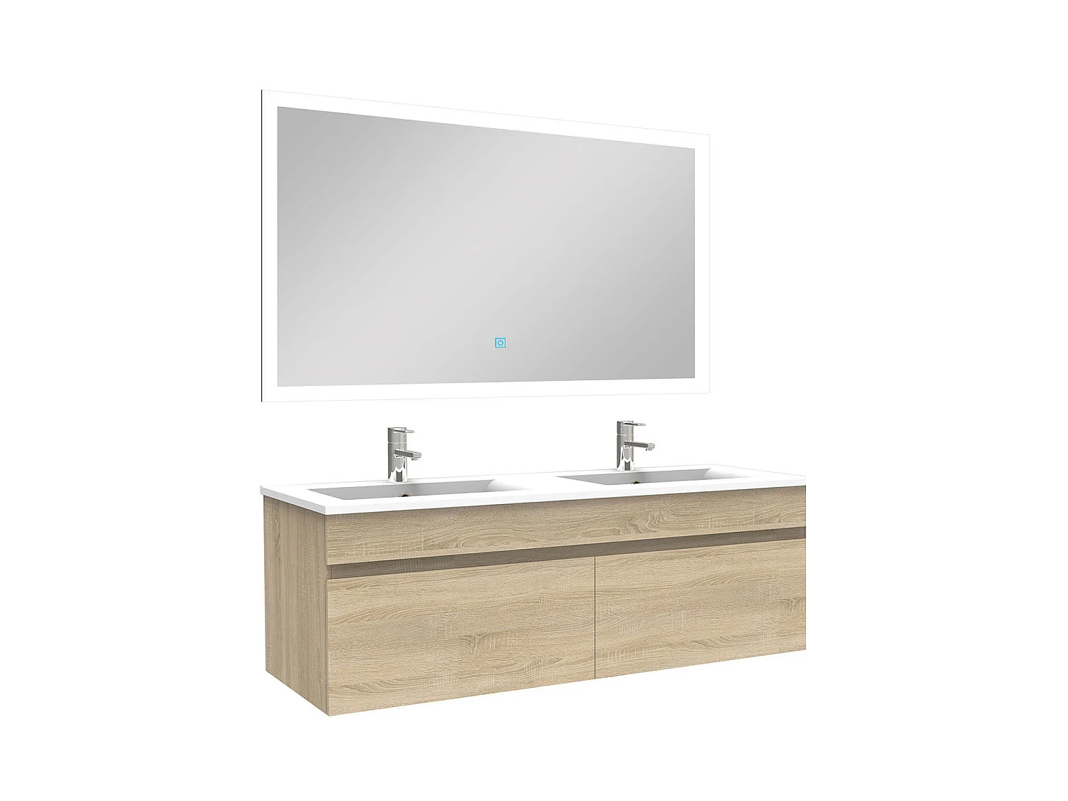 Ensemble Salle De Bain double vasque 120cm meuble Chêne Wotan avec miroir lumineux, Aica