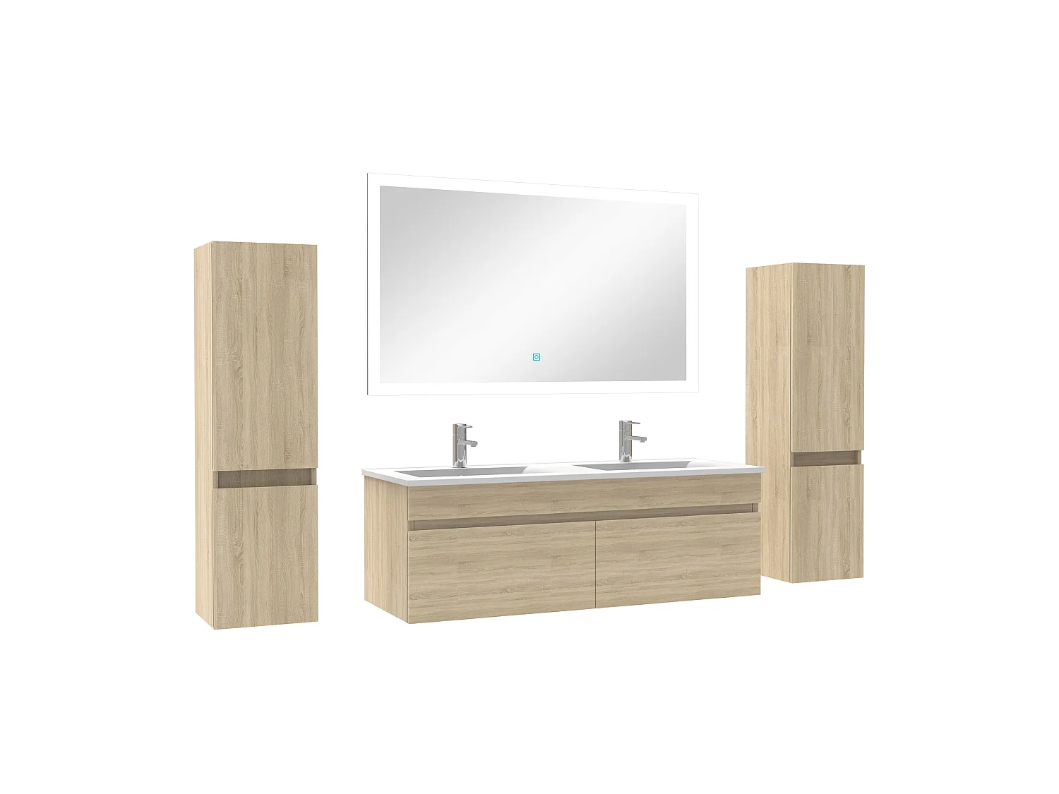 Ensemble meuble double vasque L.120cm avec colonne + miroir Chêne Wotan