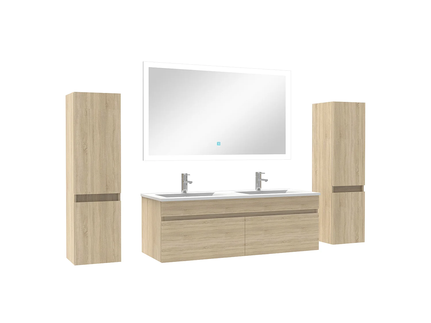 Ensemble meuble double vasque L.120cm avec colonne + miroir Chêne Wotan