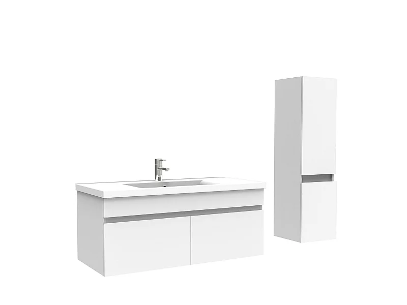 Meuble Salle de Bain avec colonne 100cm Blanc avec vasque ceramique, Aica
