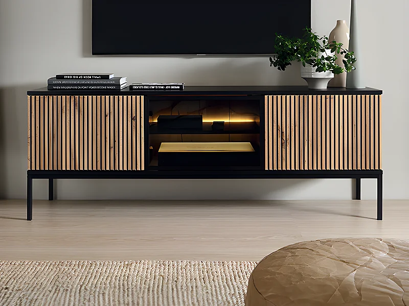 Mobile TV 3 ante con LED in MDF e Vetro fumé Nero e Naturale - OVILA