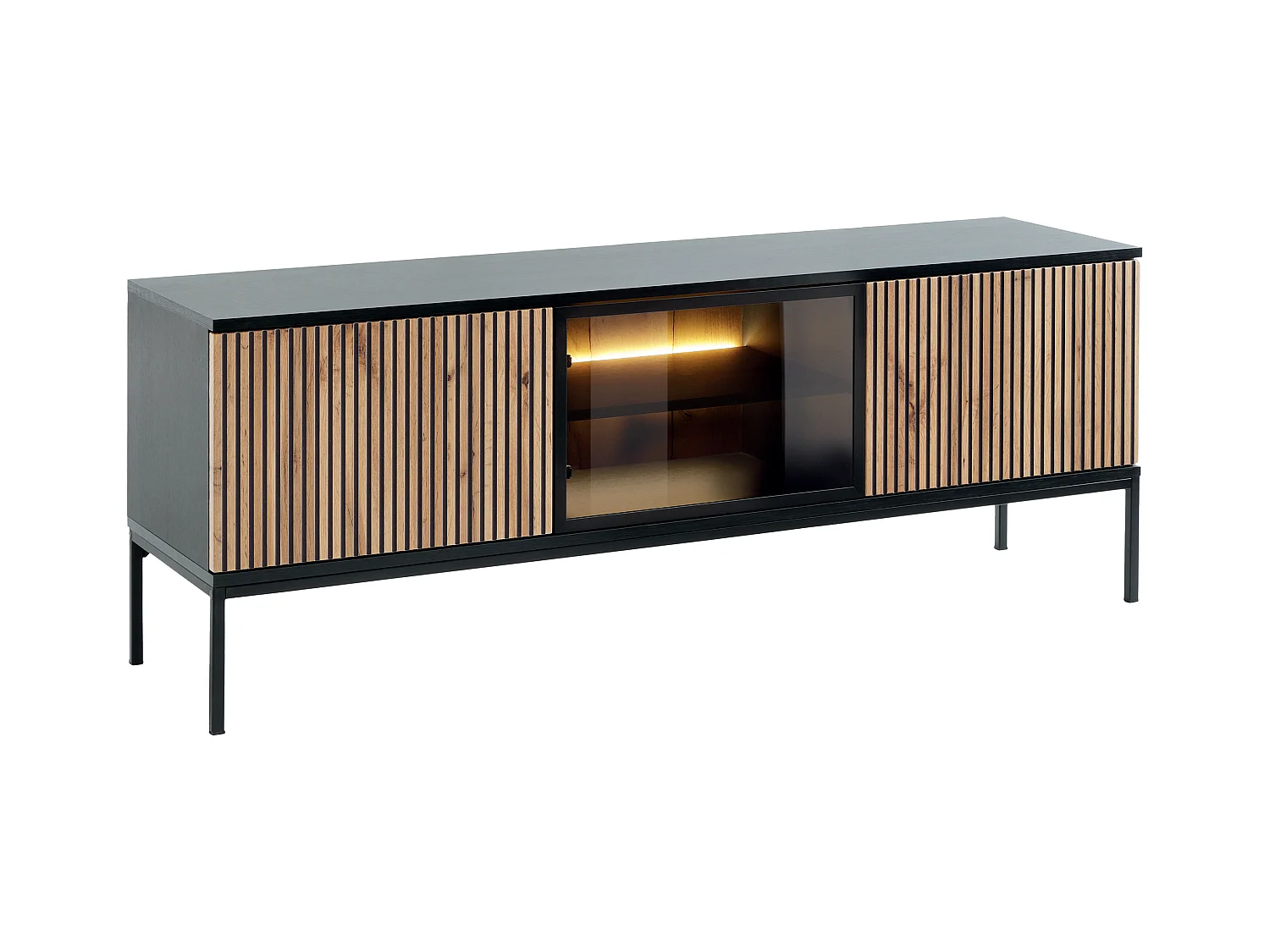 Móvel de TV 3 portas com LEDs MDF e vidro fumado preto e natural - OVILA