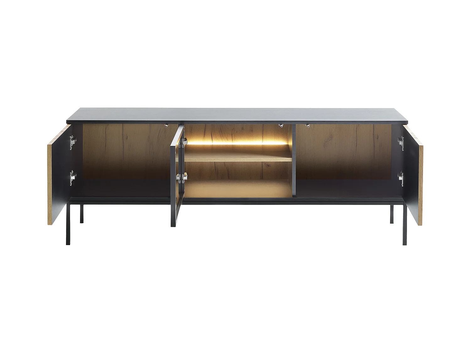 Móvel de TV 3 portas com LEDs MDF e vidro fumado preto e natural - OVILA