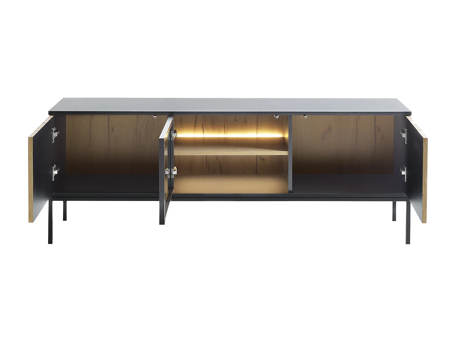 TV-möbel med 3 dörrar och LED-belysning i MDF och rökglas - Svart och Naturlig - OVILA