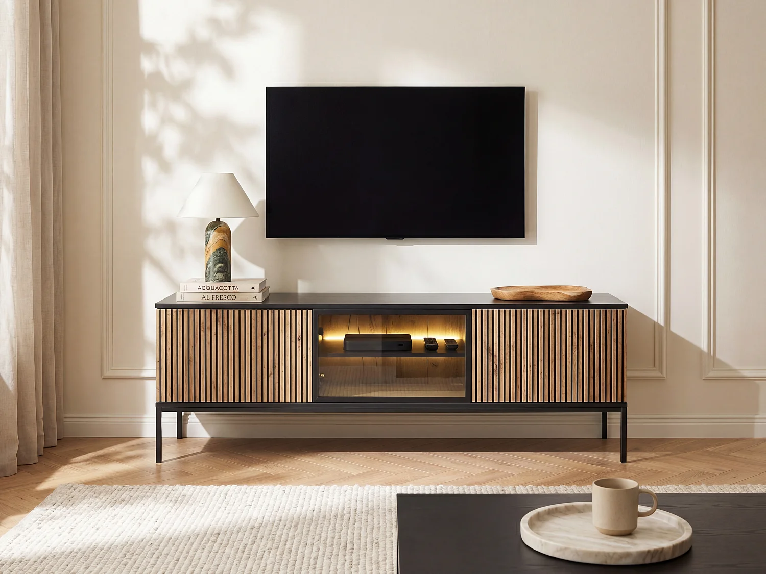 Meuble TV 3 portes avec LEDs en MDF et verre fumé - Noir et Naturel - OVILA