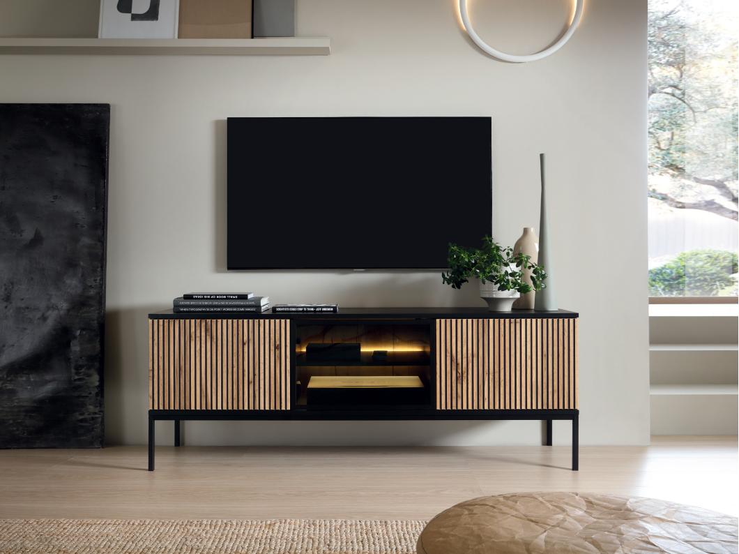 Mueble TV de 3 puertas con LEDs de MDF y vidrio ahumado - Negro y Natural - OVILA