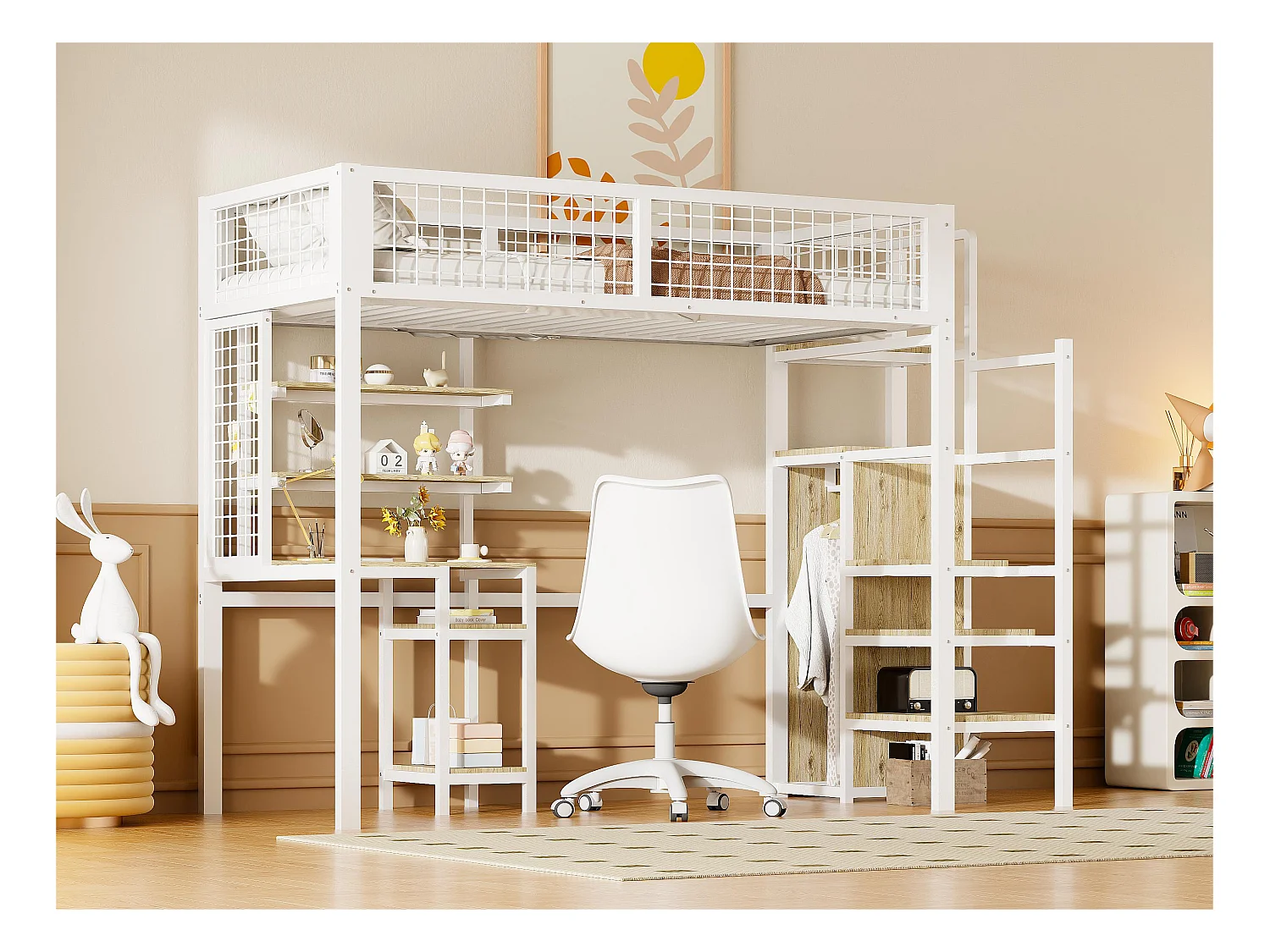 Lit mezzanine 90x200 cm avec bureau, étagères, escalier et armoire - cadre en métal - Blanc