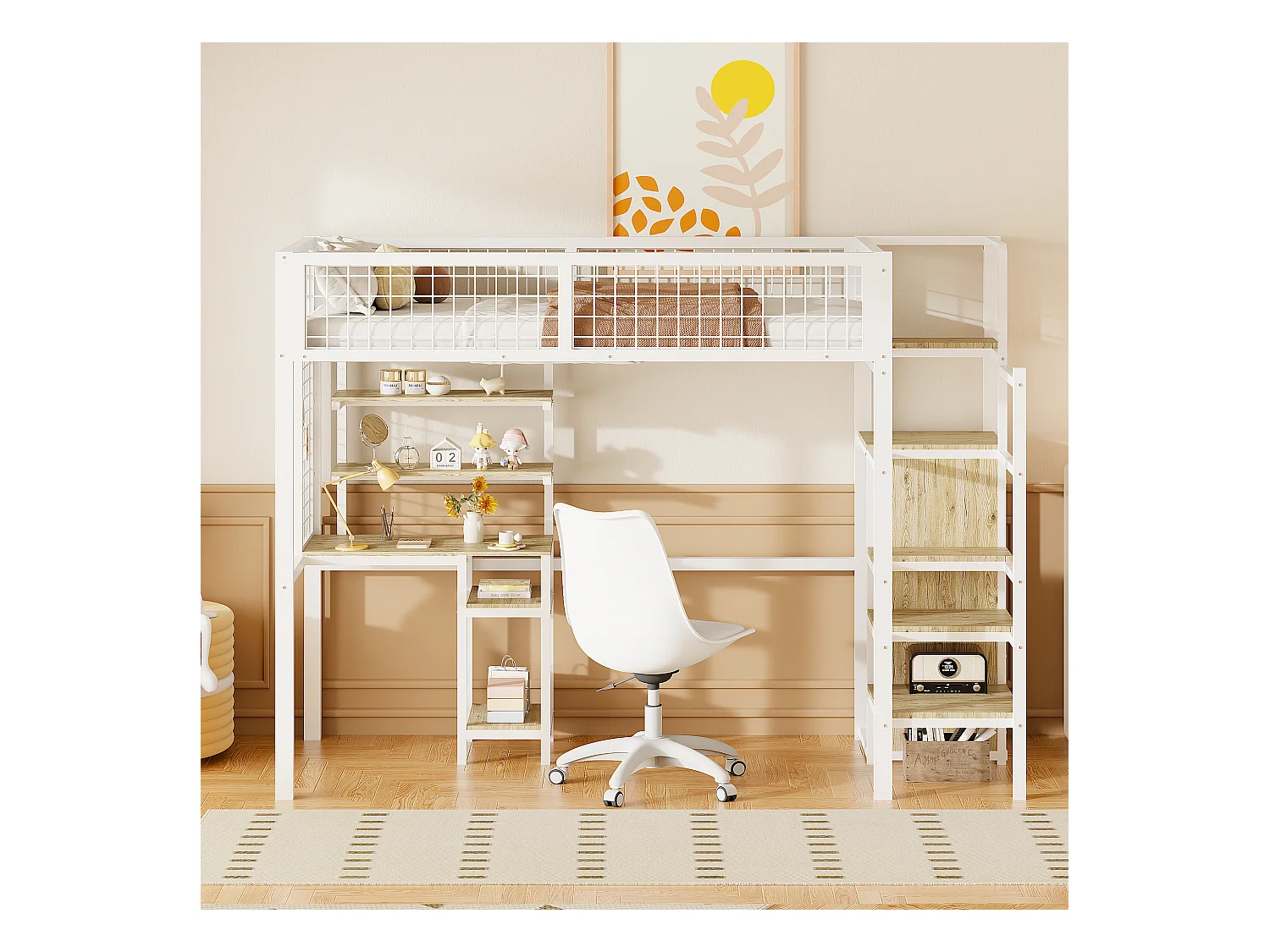 Cama alta 90x200 cm con escritorio, estantes, escalera y armario - estructura de metal - Blanco