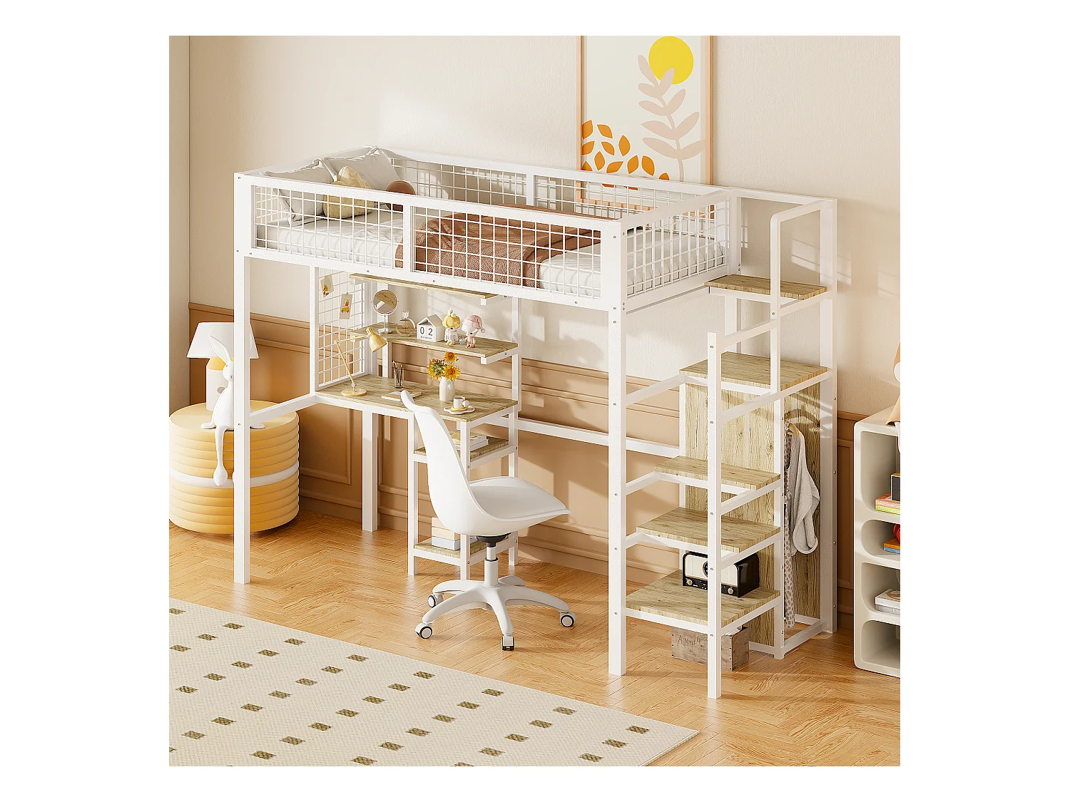 Cama alta 90x200 cm con escritorio, estantes, escalera y armario - estructura de metal - Blanco