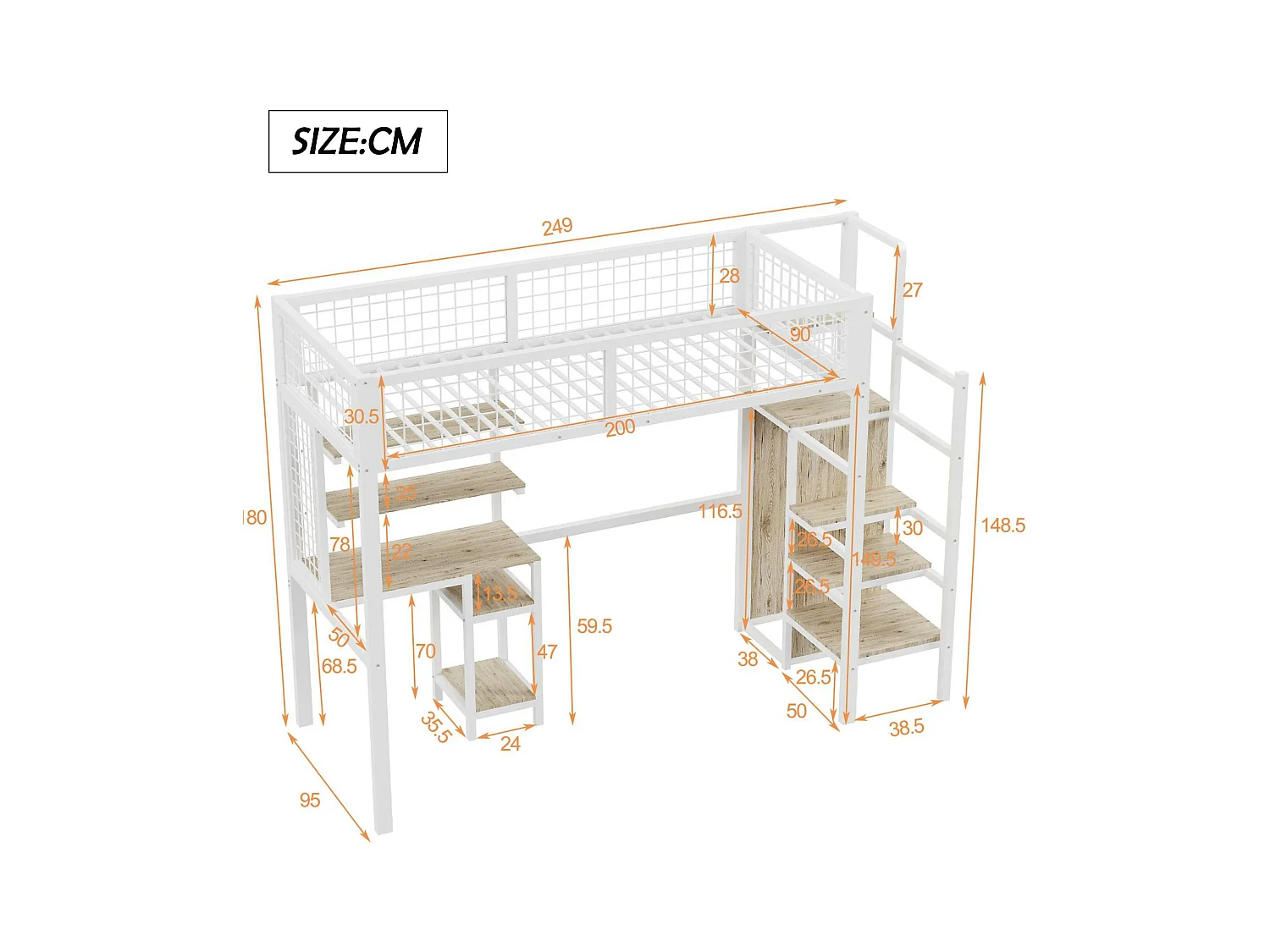 Cama alta 90x200 cm con escritorio, estantes, escalera y armario - estructura de metal - Blanco