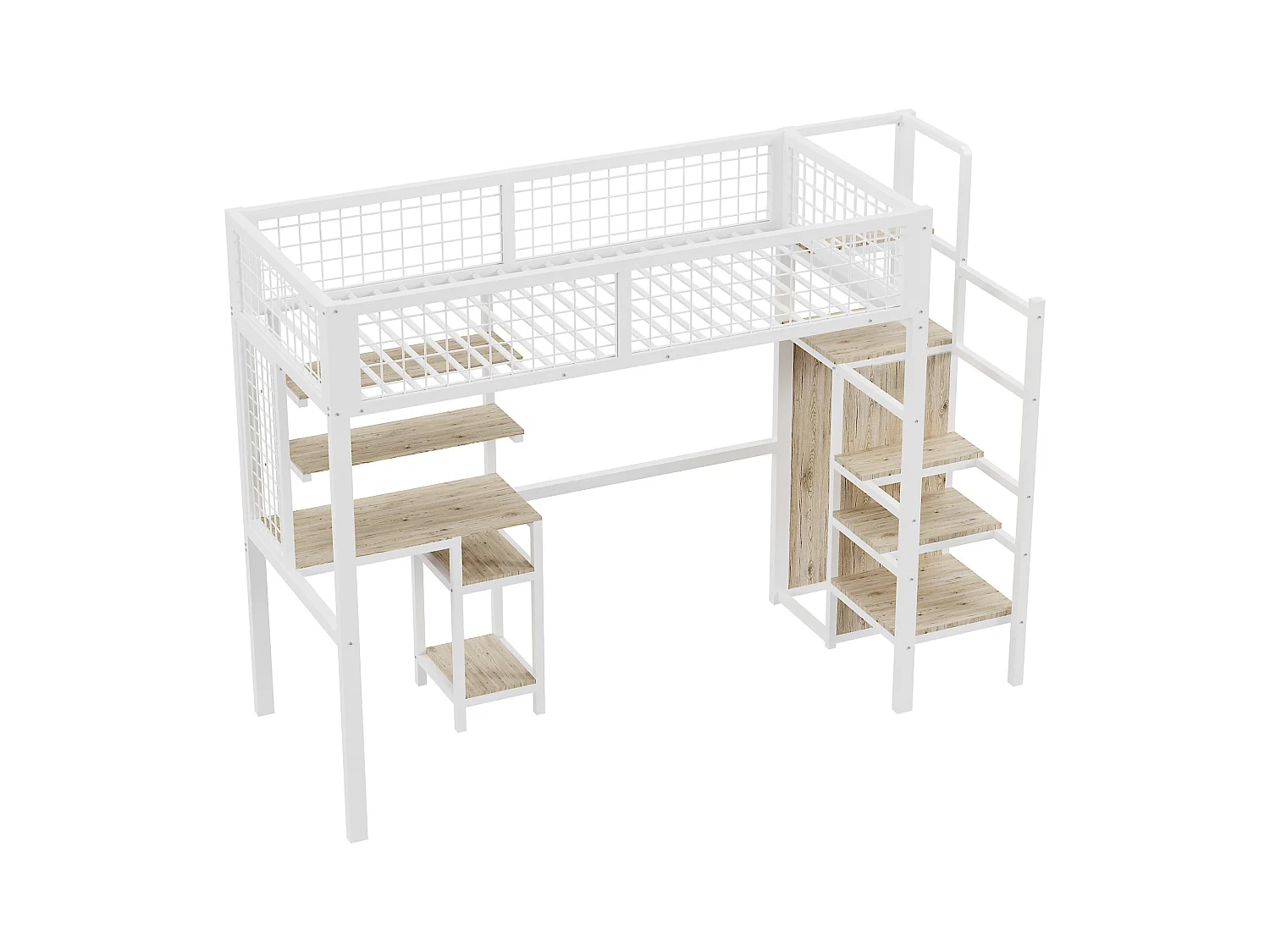 Cama alta 90x200 cm con escritorio, estantes, escalera y armario - estructura de metal - Blanco