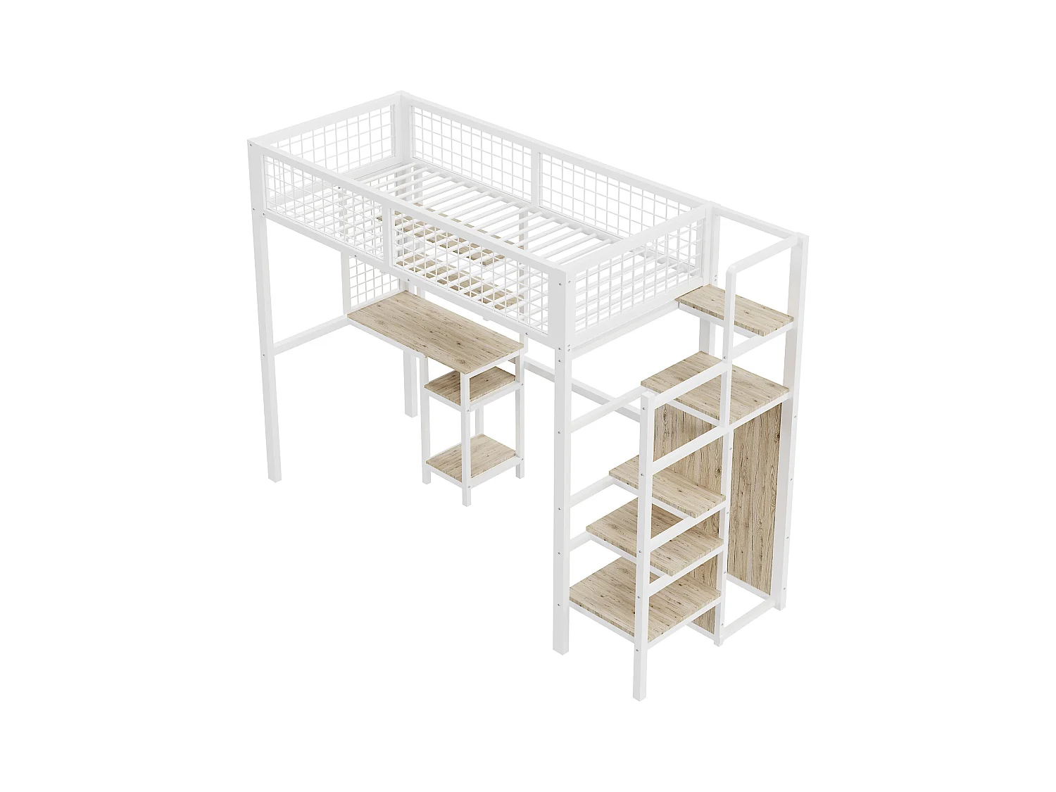 Cama alta 90x200 cm con escritorio, estantes, escalera y armario - estructura de metal - Blanco