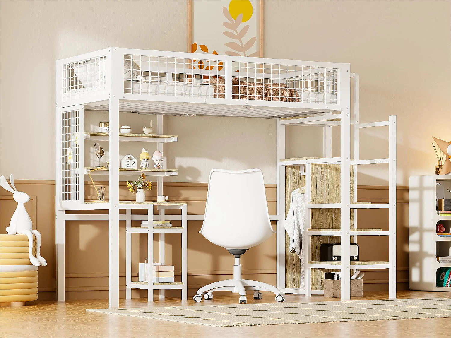 Hoogslaper 90x200 cm met bureau, planken, trap en kledingkast - metalen frame - Wit