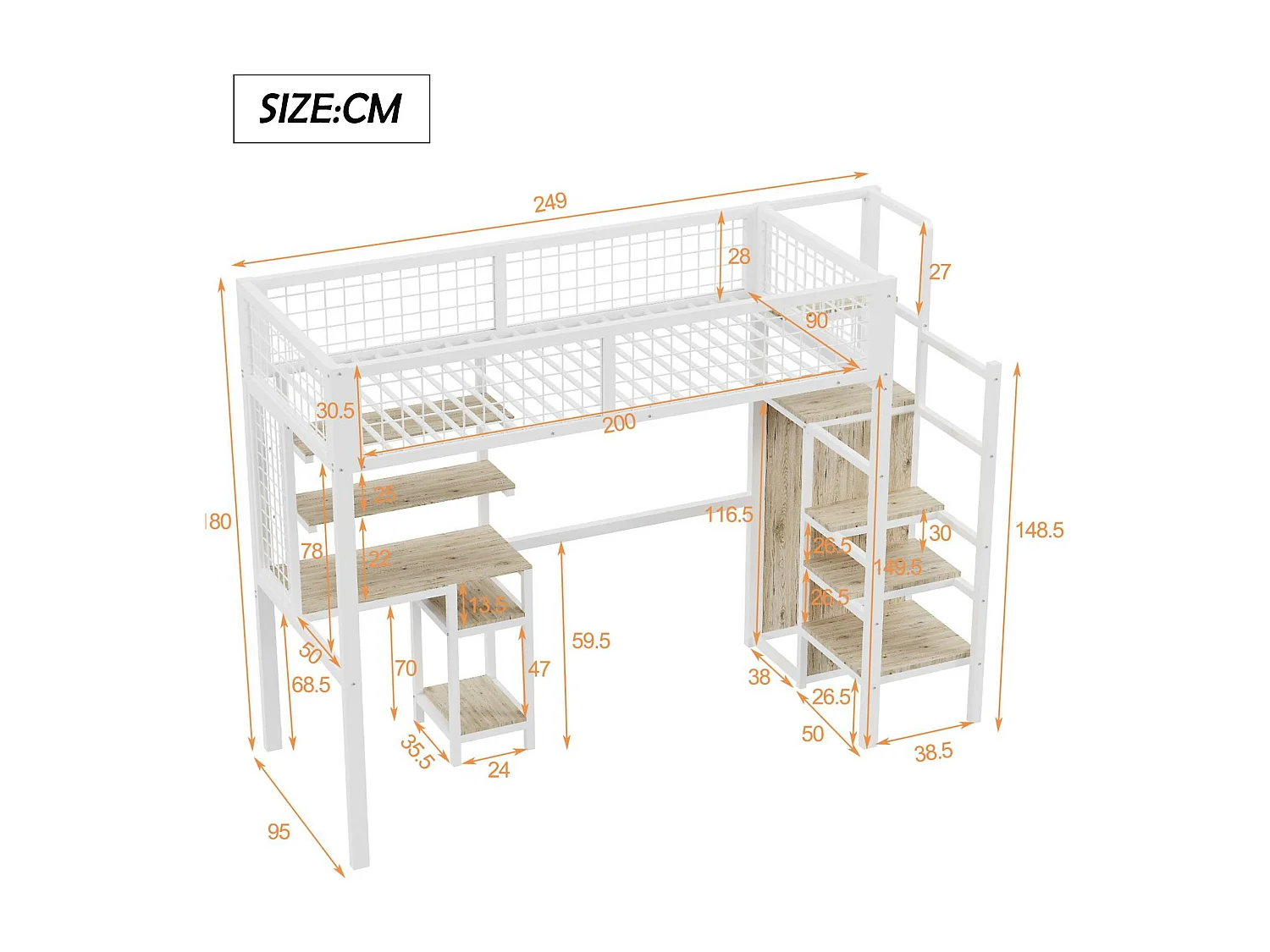 Hoogslaper 90x200 cm met bureau, planken, trap en kledingkast - metalen frame - Wit