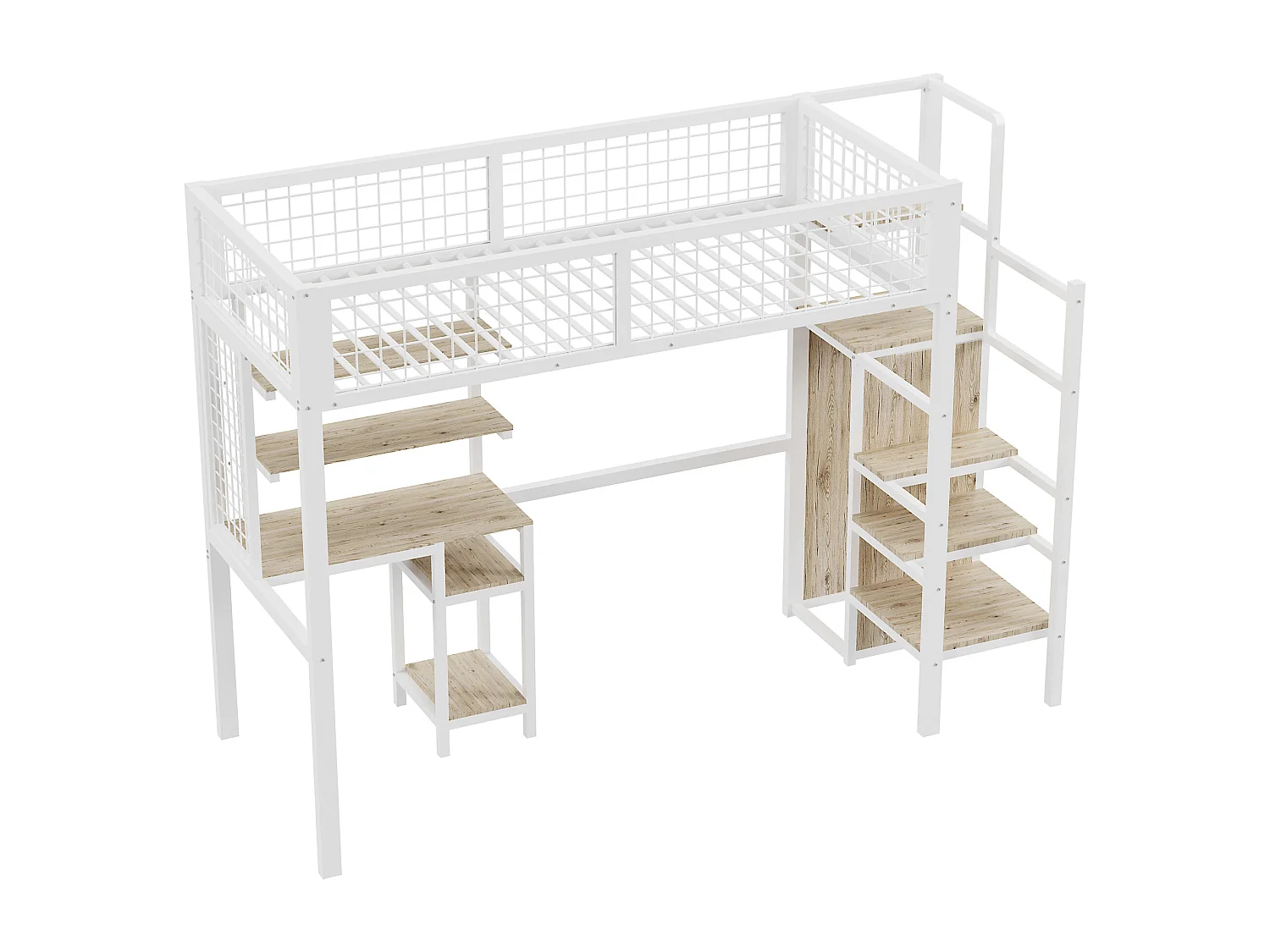 Hoogslaper 90x200 cm met bureau, planken, trap en kledingkast - metalen frame - Wit