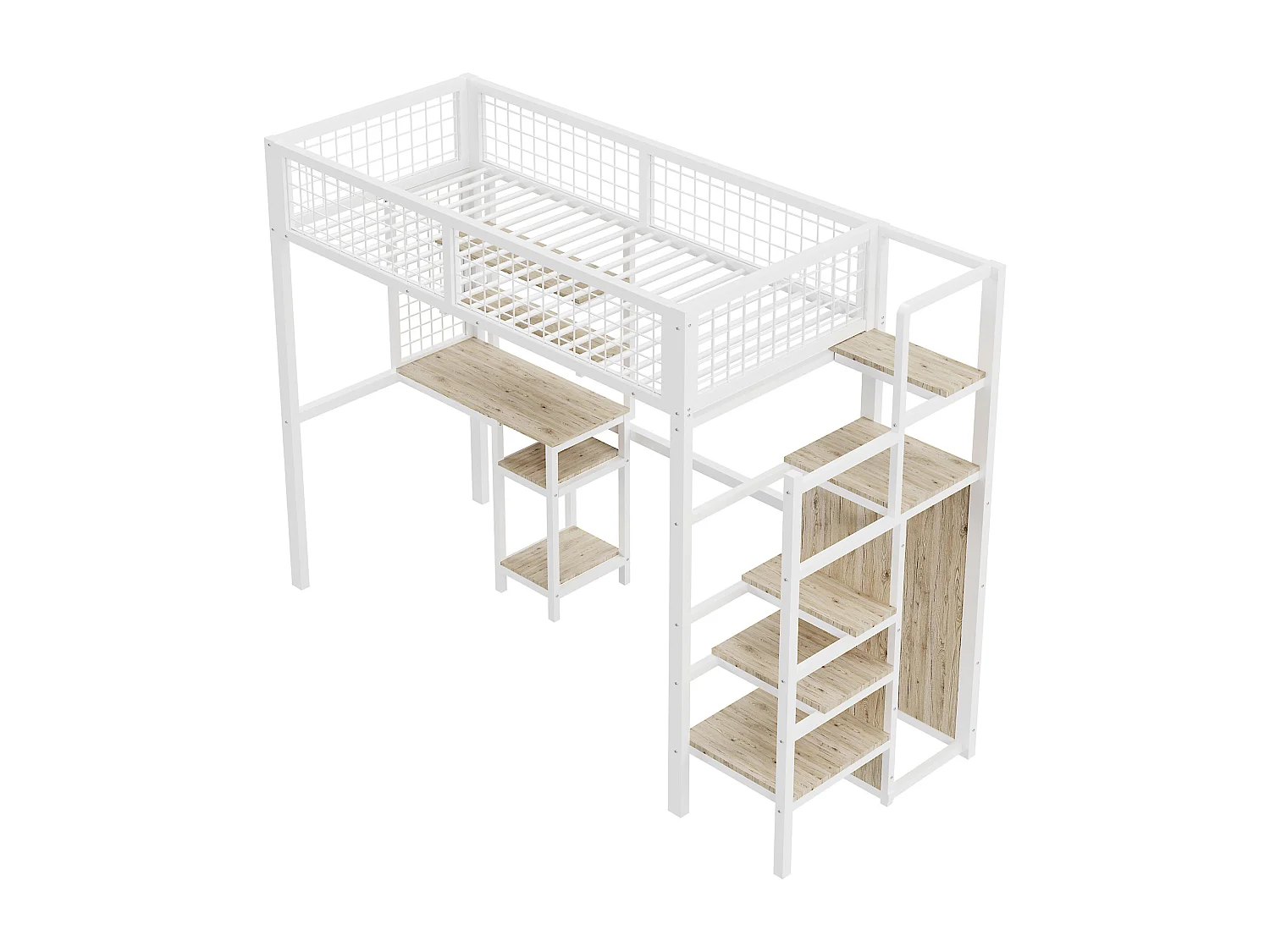 Hoogslaper 90x200 cm met bureau, planken, trap en kledingkast - metalen frame - Wit