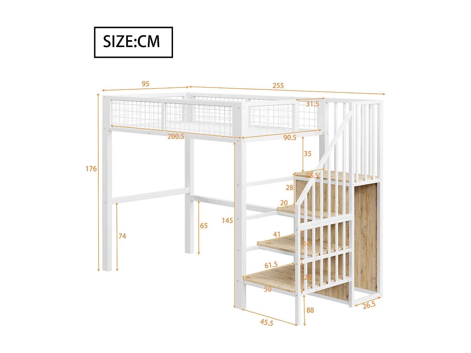 Lit mezzanine 90x200 cm avec armoire et escalier - cadre en métal - Blanc