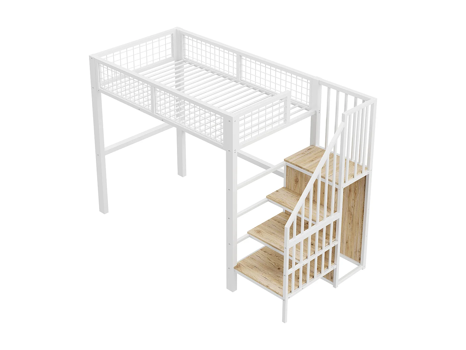 Lit mezzanine 90x200 cm avec armoire et escalier - cadre en métal - Blanc