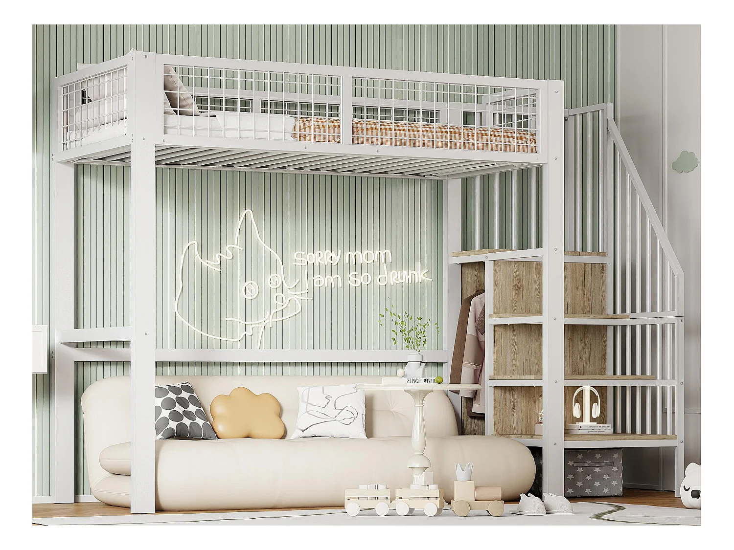 Lit mezzanine 90x200 cm avec armoire et escalier - cadre en métal - Blanc