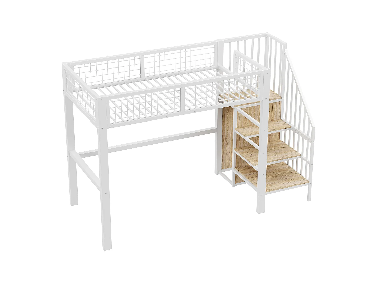 Lit mezzanine 90x200 cm avec armoire et escalier - cadre en métal - Blanc