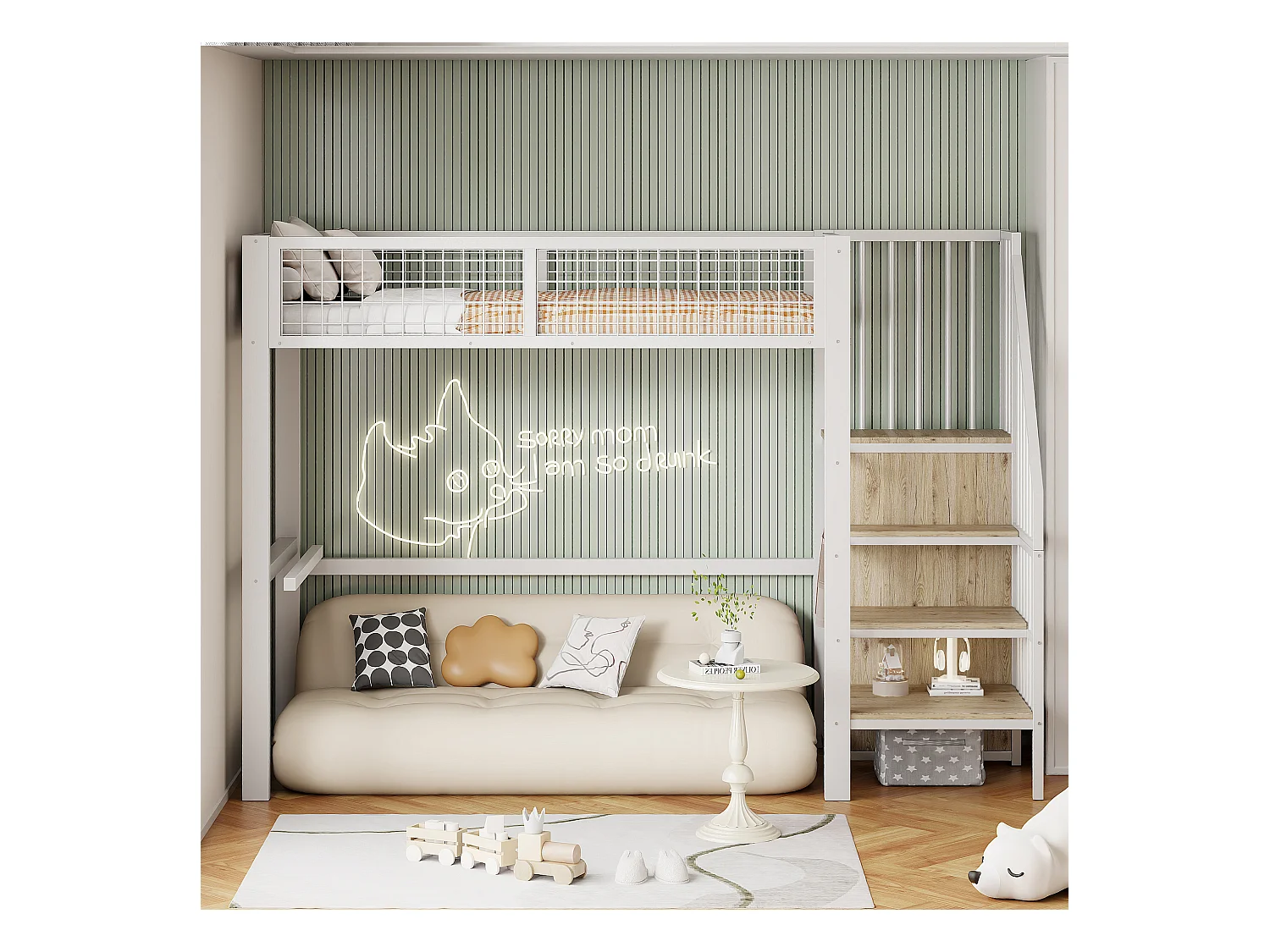 Lit mezzanine 90x200 cm avec armoire et escalier - cadre en métal - Blanc