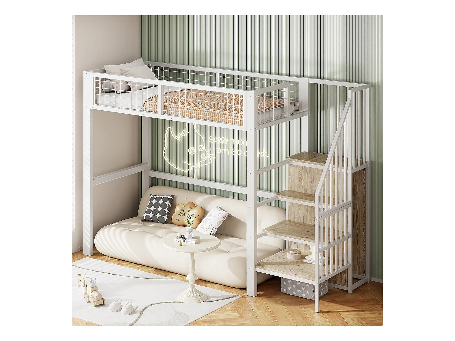 Lit mezzanine 90x200 cm avec armoire et escalier - cadre en métal - Blanc