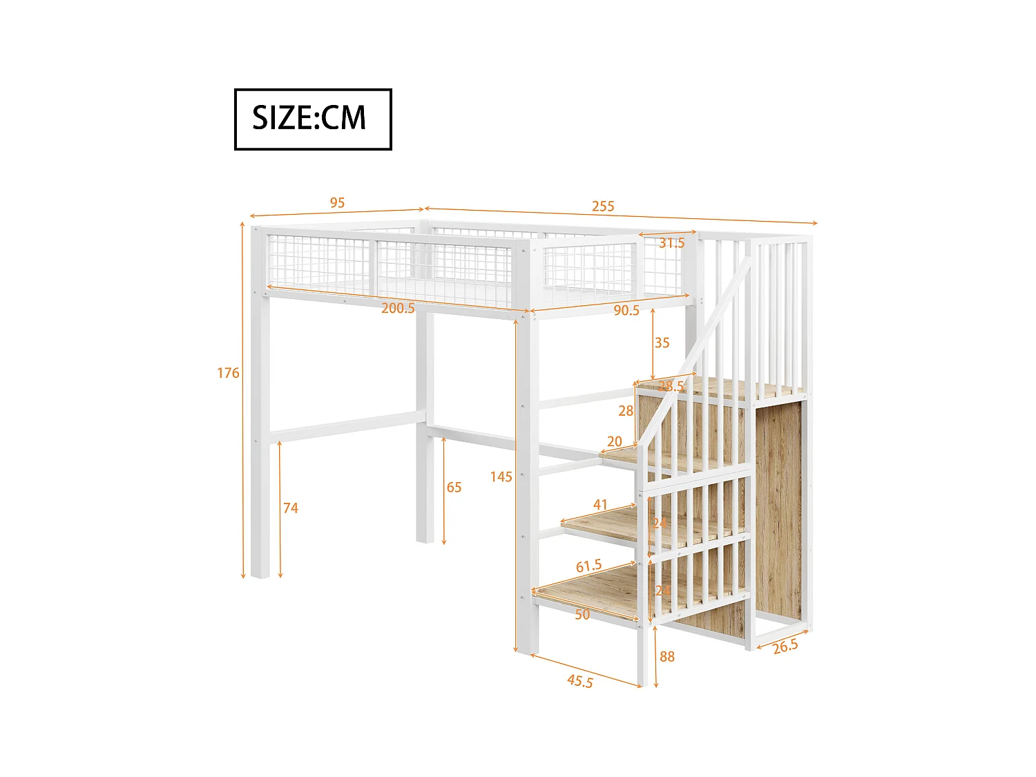 Lit mezzanine 90x200 cm avec armoire et escalier - cadre en métal - Blanc