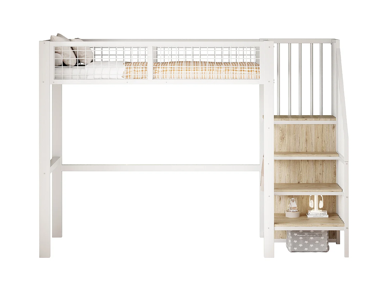 Lit mezzanine 90x200 cm avec armoire et escalier - cadre en métal - Blanc