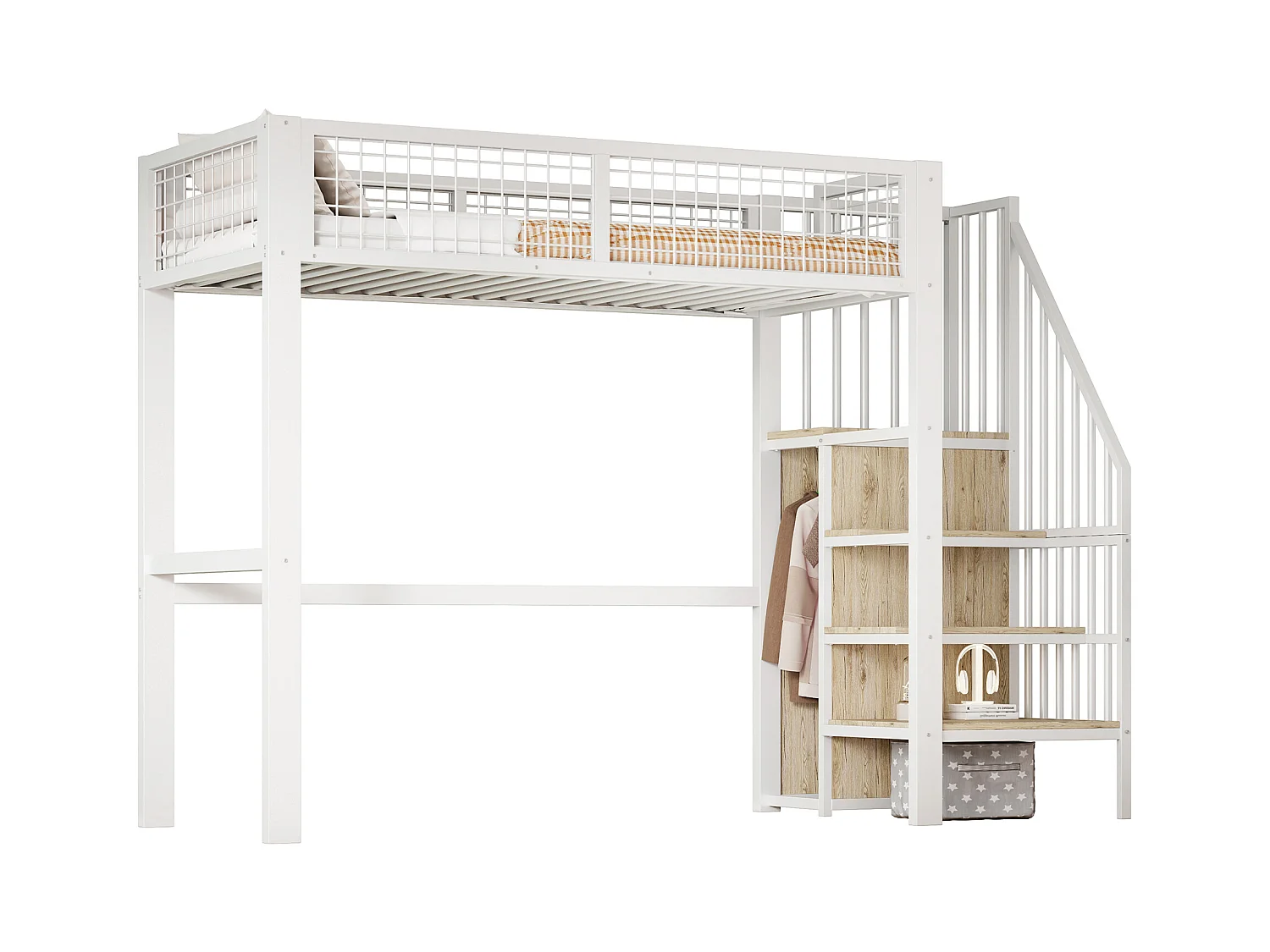 Lit mezzanine 90x200 cm avec armoire et escalier - cadre en métal - Blanc