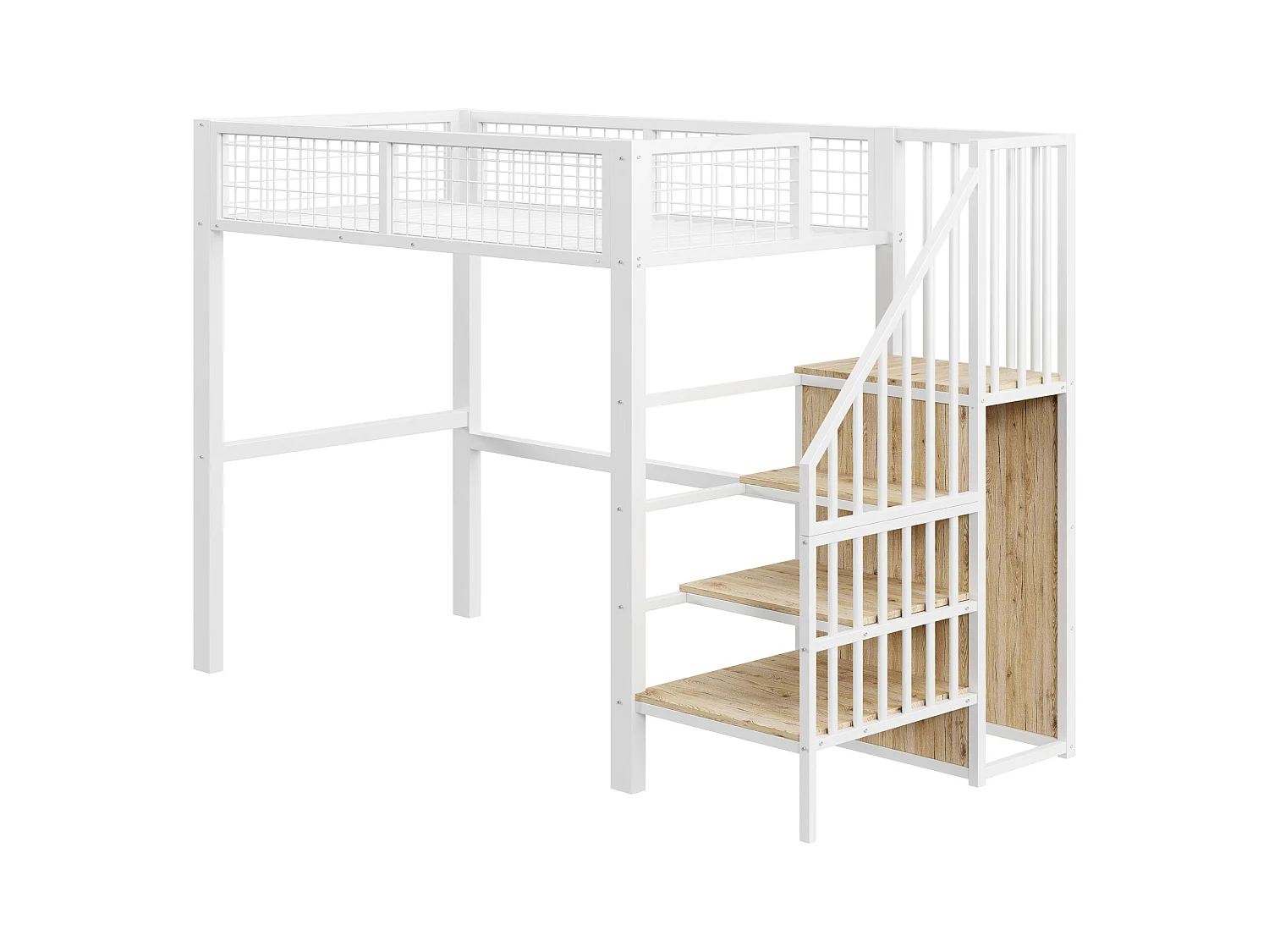 Lit mezzanine 90x200 cm avec armoire et escalier - cadre en métal - Blanc