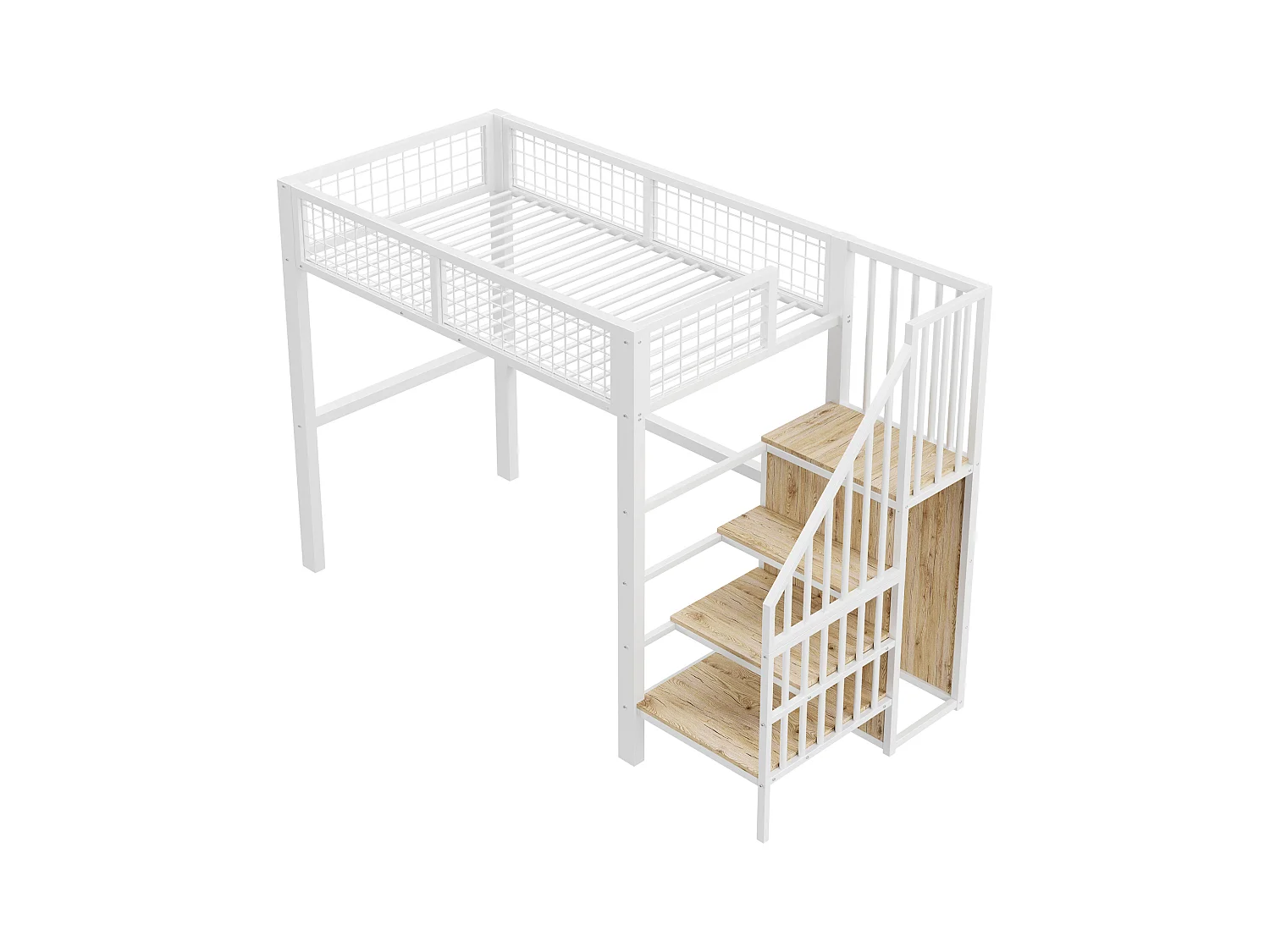 Lit mezzanine 90x200 cm avec armoire et escalier - cadre en métal - Blanc